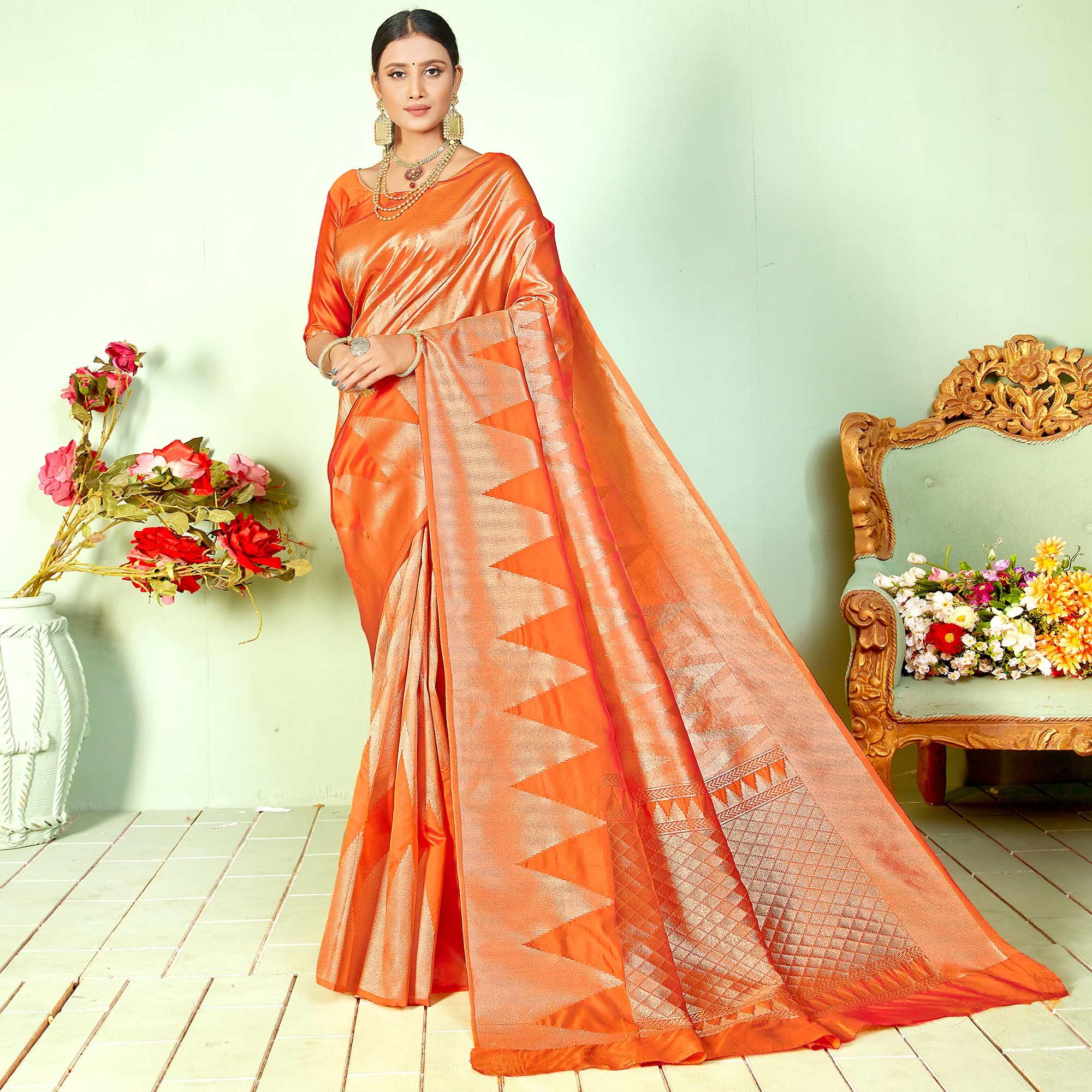 Breathtaking Orange Colored Festive Wear Woven Silk Saree - Peachmode