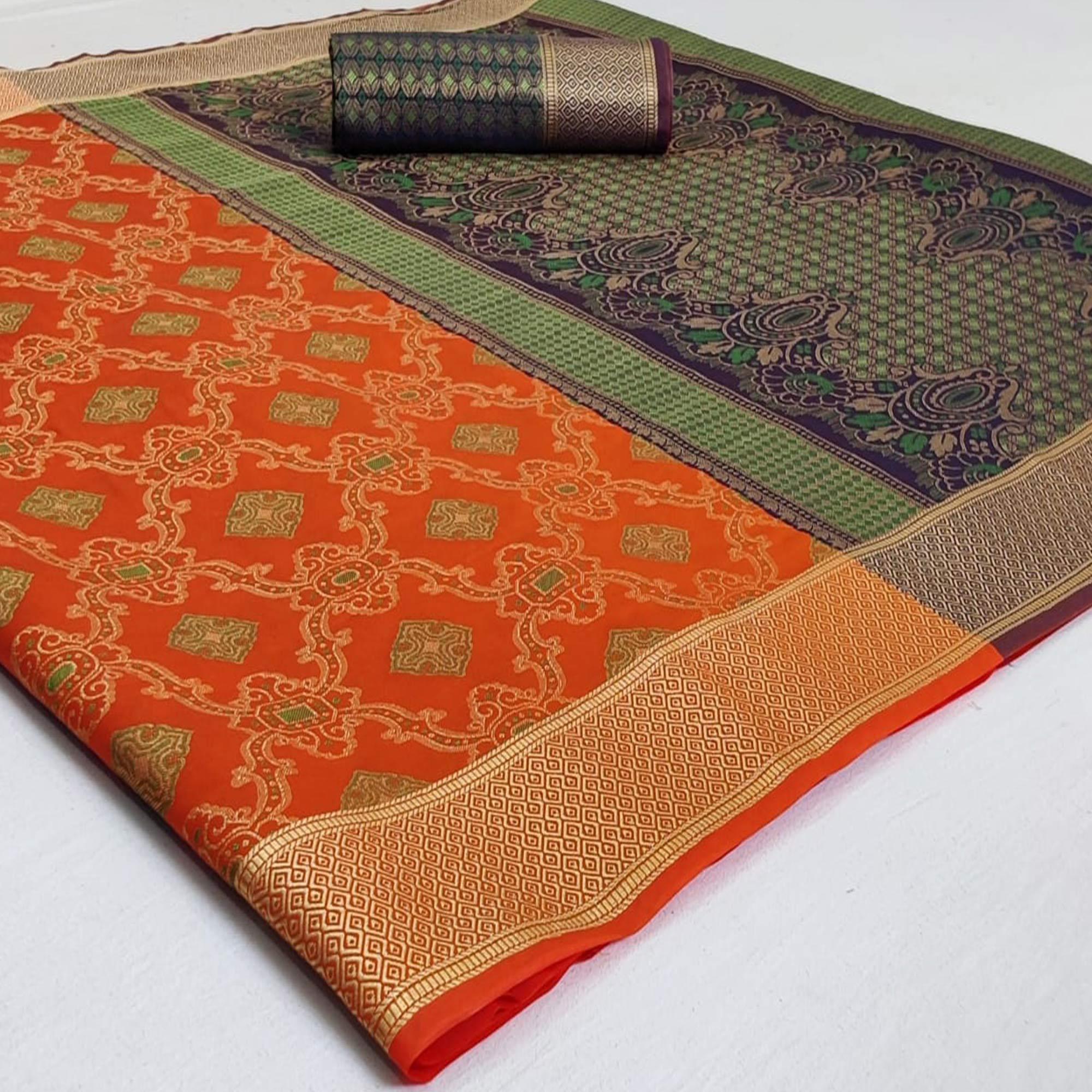 Breathtaking Orange Colored Festive Wear Woven Silk Saree - Peachmode