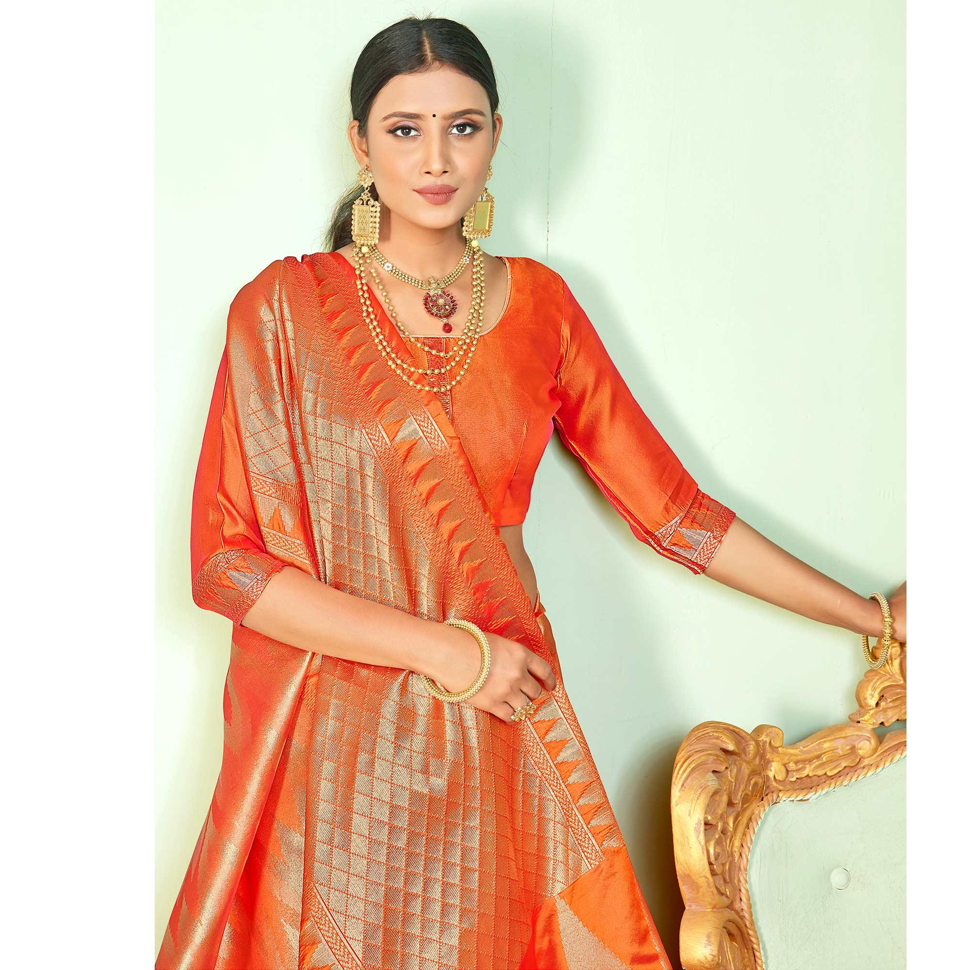 Breathtaking Orange Colored Festive Wear Woven Silk Saree - Peachmode