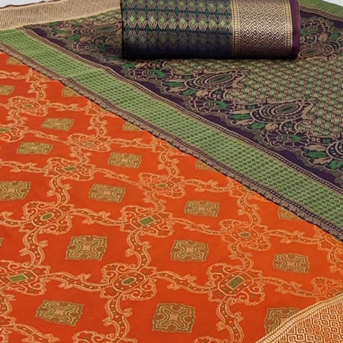 Breathtaking Orange Colored Festive Wear Woven Silk Saree - Peachmode