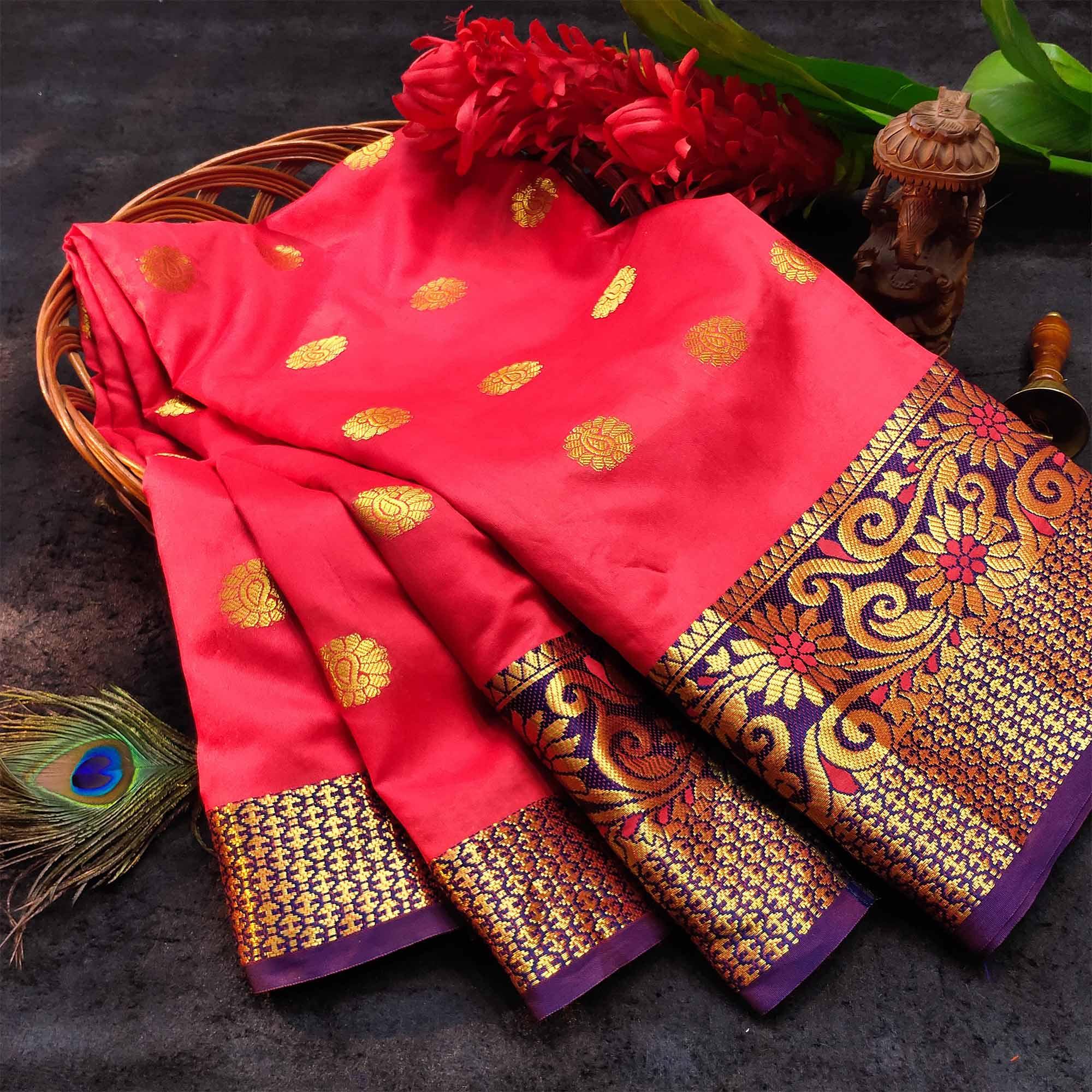 Breathtaking Peach Colored Festive Wear Woven Kanjivaram Silk Saree - Peachmode