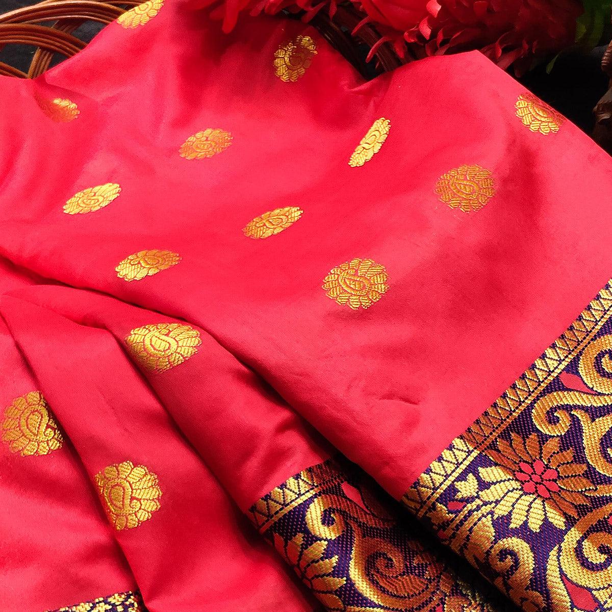 Breathtaking Peach Colored Festive Wear Woven Kanjivaram Silk Saree - Peachmode