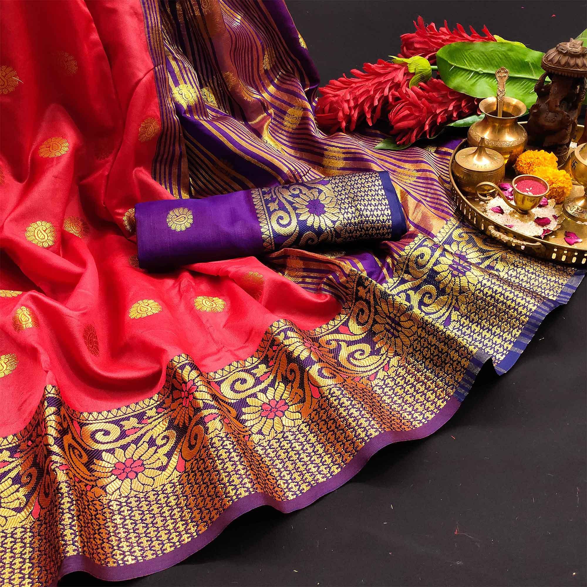 Breathtaking Peach Colored Festive Wear Woven Kanjivaram Silk Saree - Peachmode