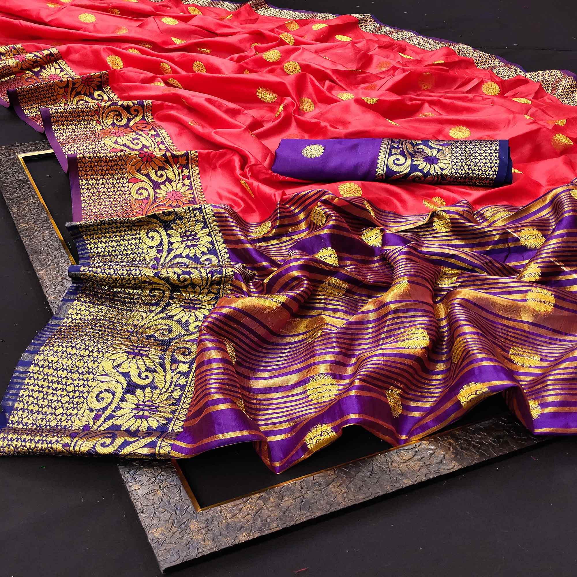 Breathtaking Peach Colored Festive Wear Woven Kanjivaram Silk Saree - Peachmode