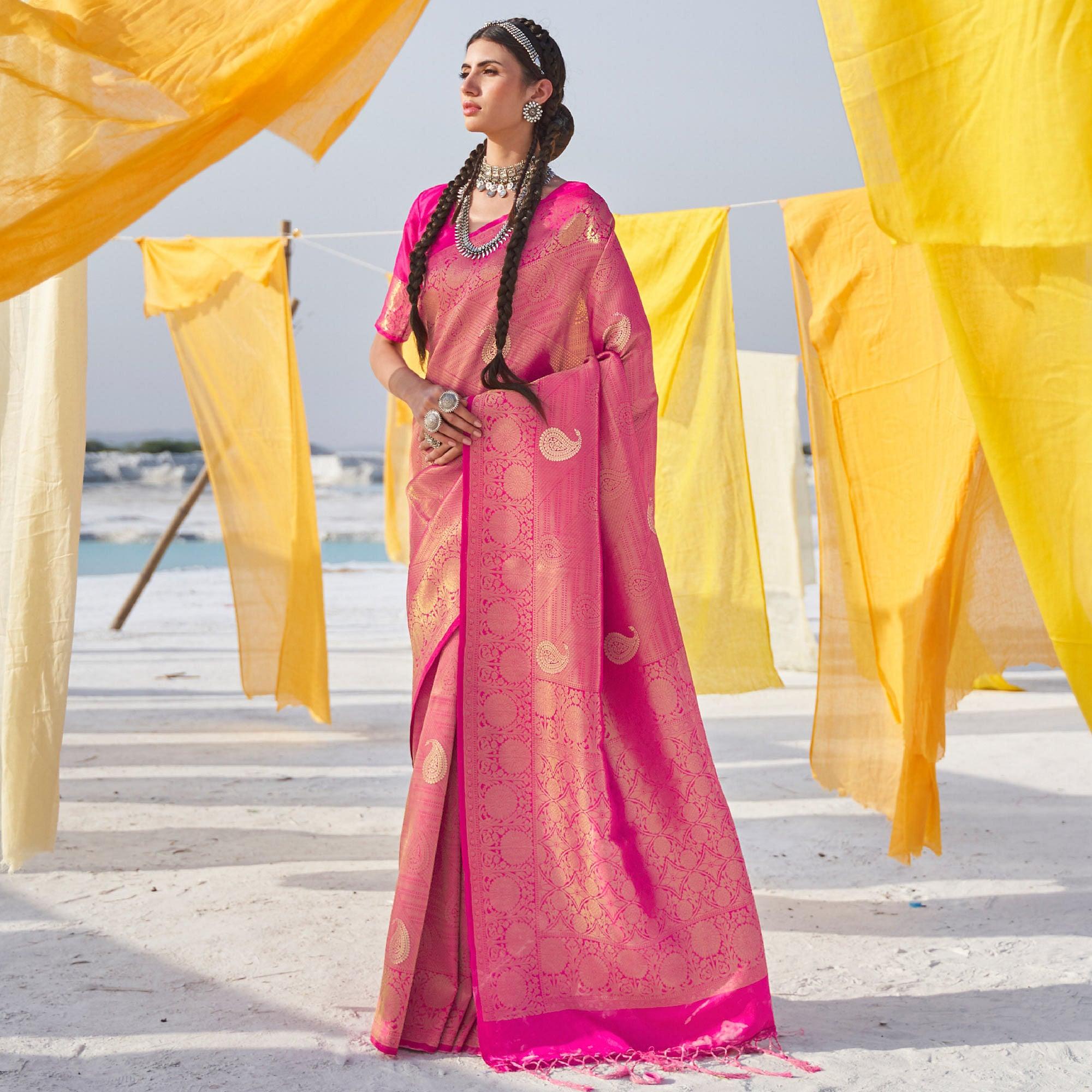 Breathtaking Pink Colored Festive Wear Weaving Handloom Soft Silk Saree - Peachmode