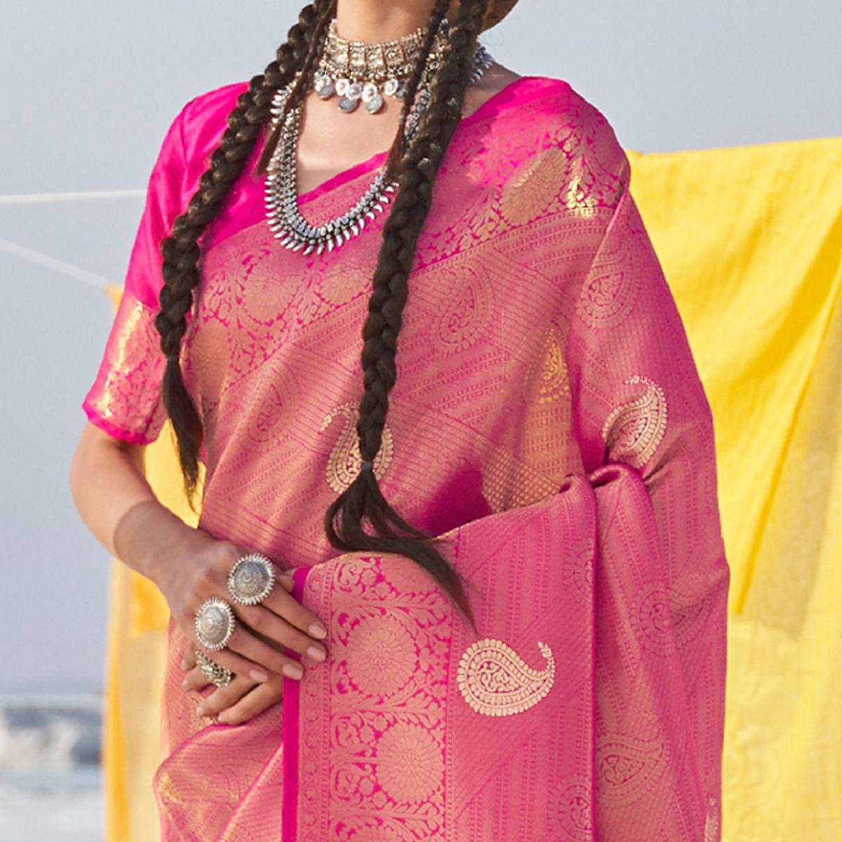 Breathtaking Pink Colored Festive Wear Weaving Handloom Soft Silk Saree - Peachmode