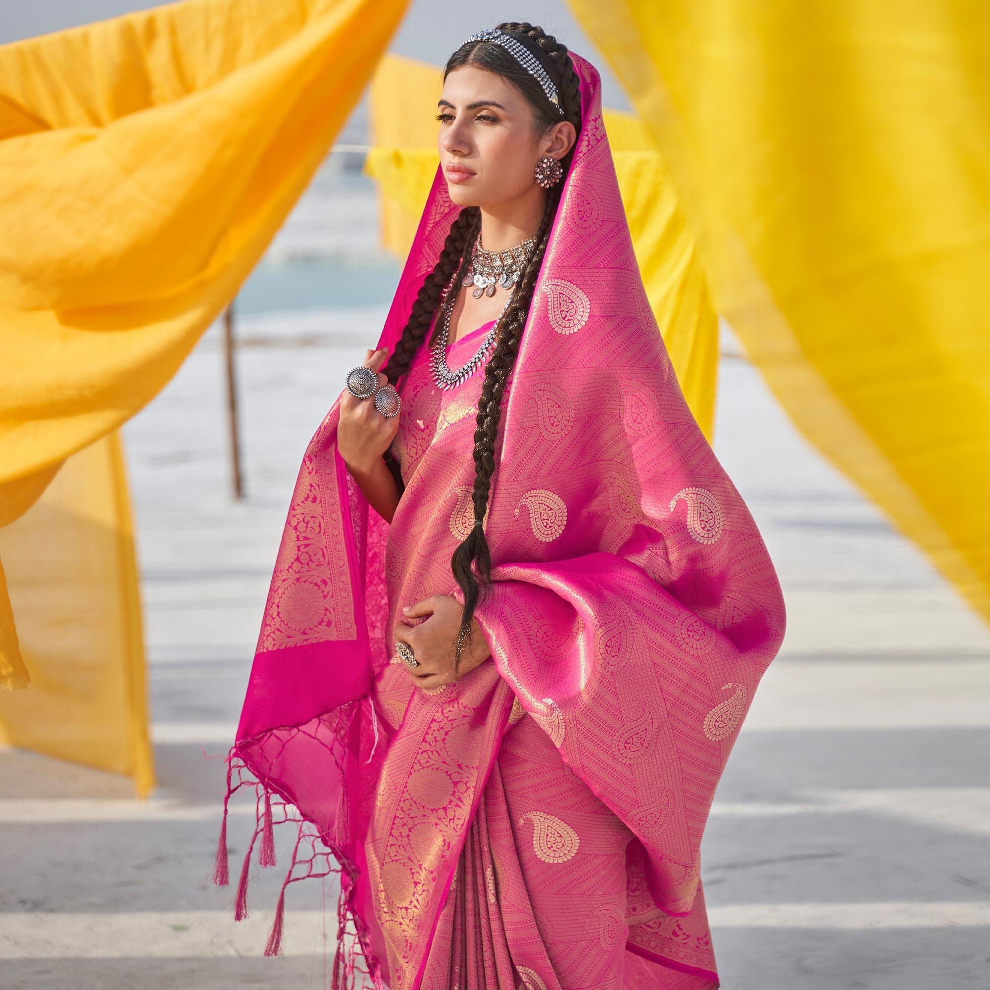 Breathtaking Pink Colored Festive Wear Weaving Handloom Soft Silk Saree - Peachmode