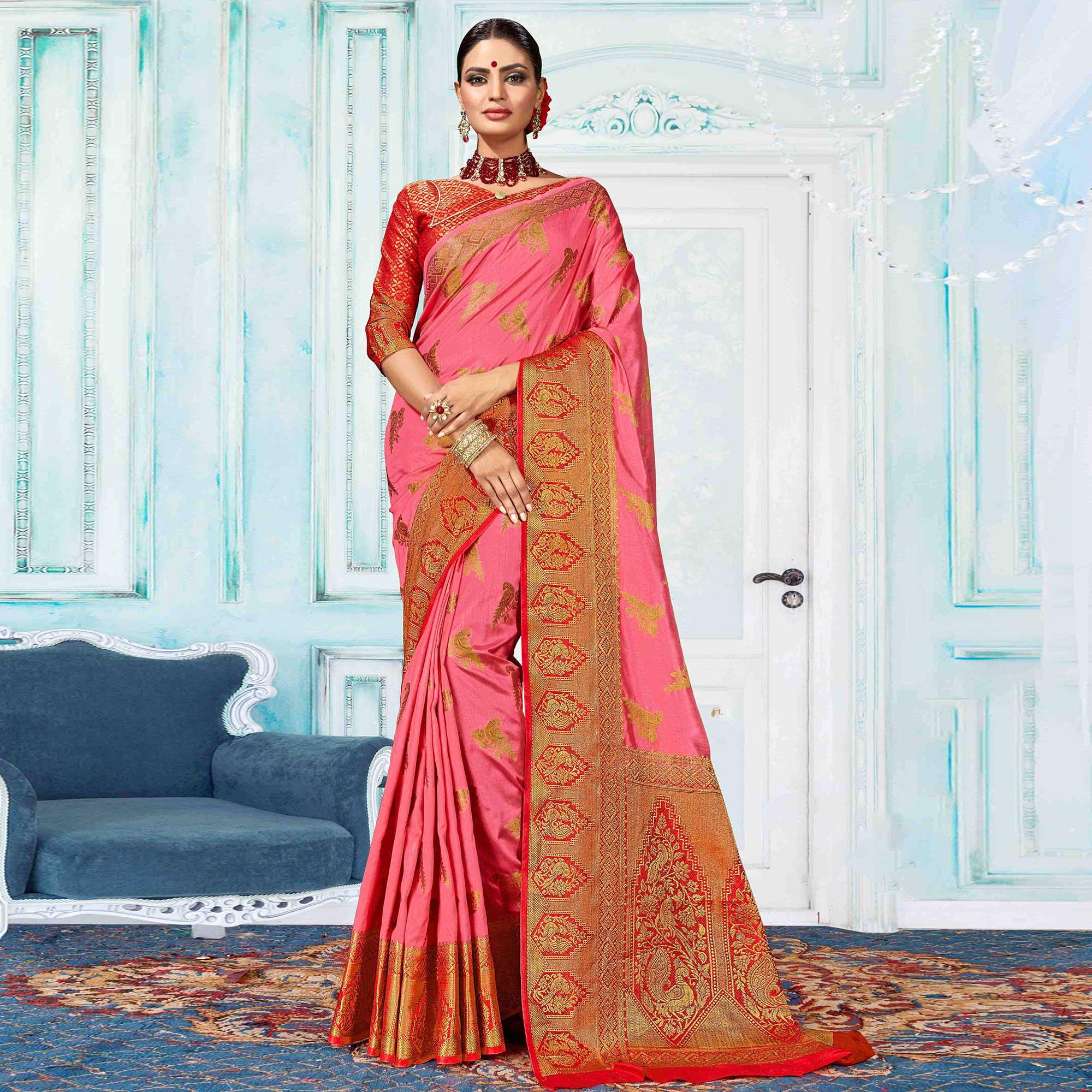 Breathtaking Pink Colored Festive Wear Woven Nylon Silk Saree - Peachmode