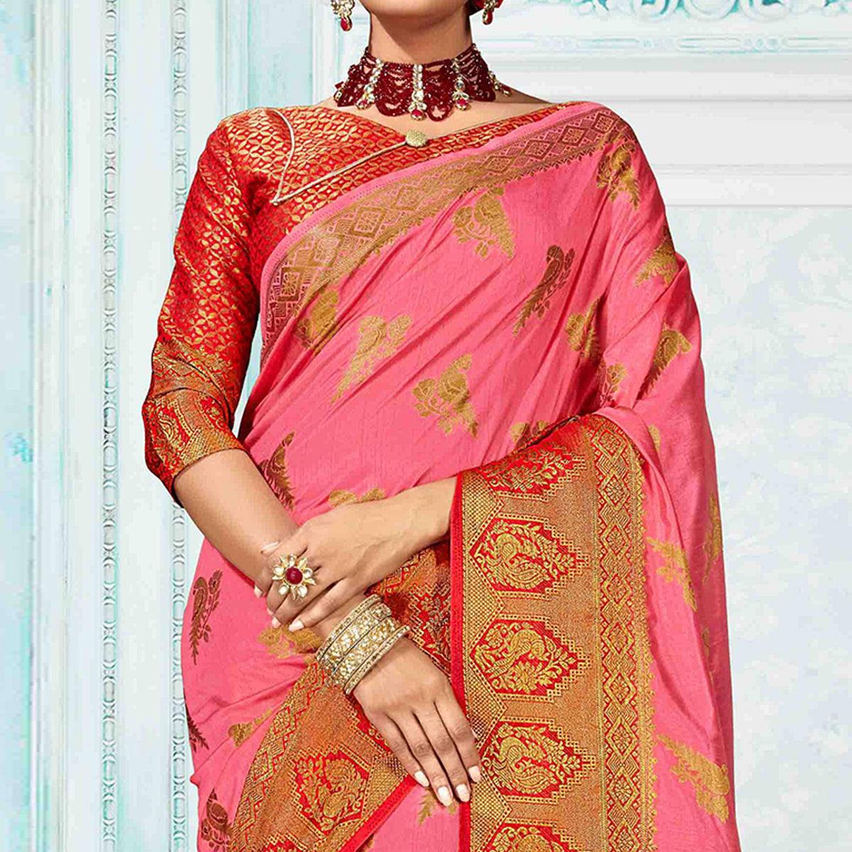 Breathtaking Pink Colored Festive Wear Woven Nylon Silk Saree - Peachmode