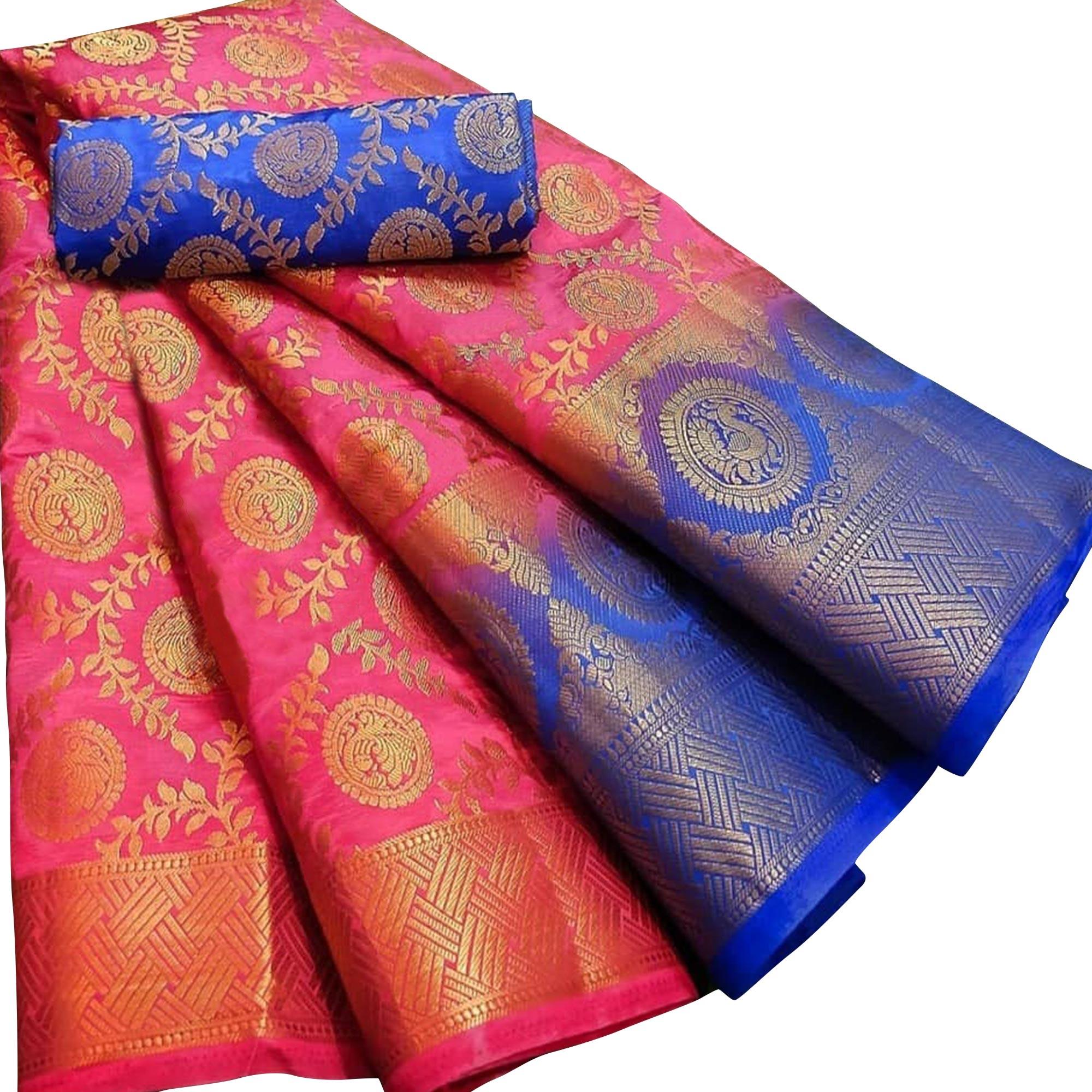 Breathtaking Pink Colored Festive Wear Woven Silk Blend Saree - Peachmode