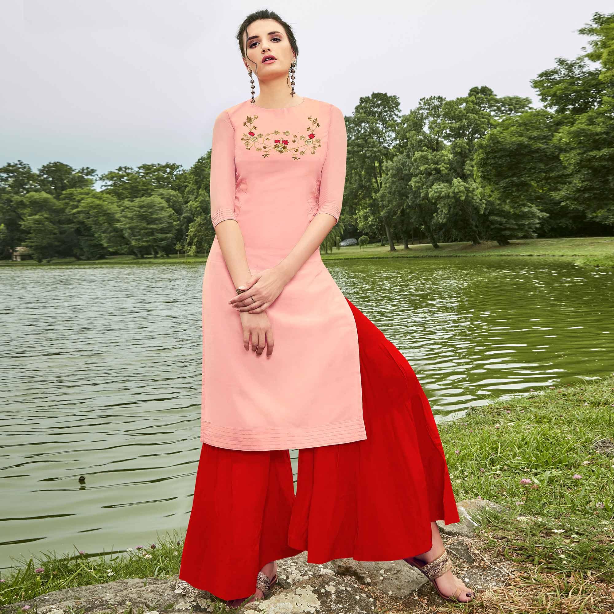 Breathtaking Pink Colored Partywear Hand Embroidered Muslin Silk Kurti-Palazzo Set - Peachmode