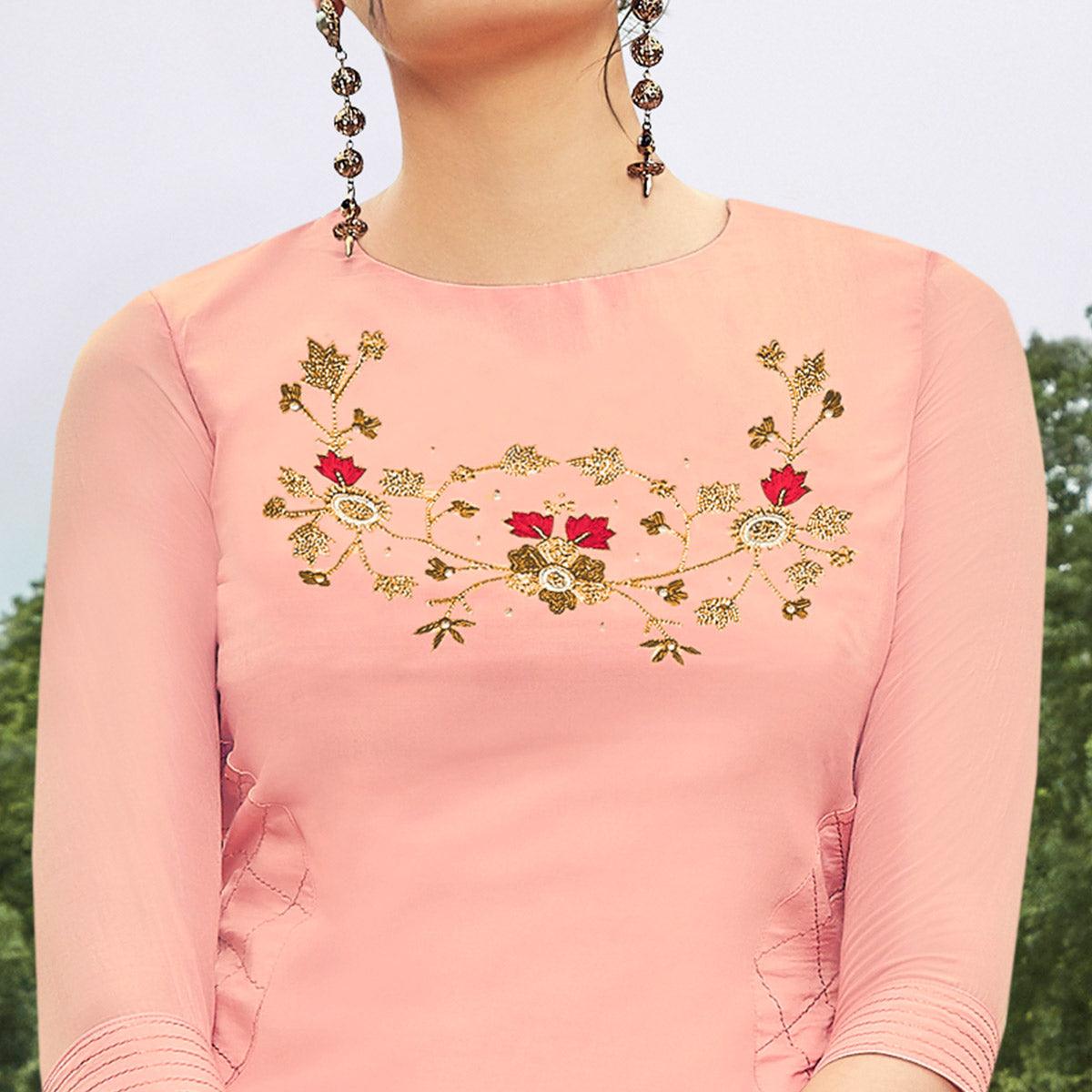 Breathtaking Pink Colored Partywear Hand Embroidered Muslin Silk Kurti-Palazzo Set - Peachmode
