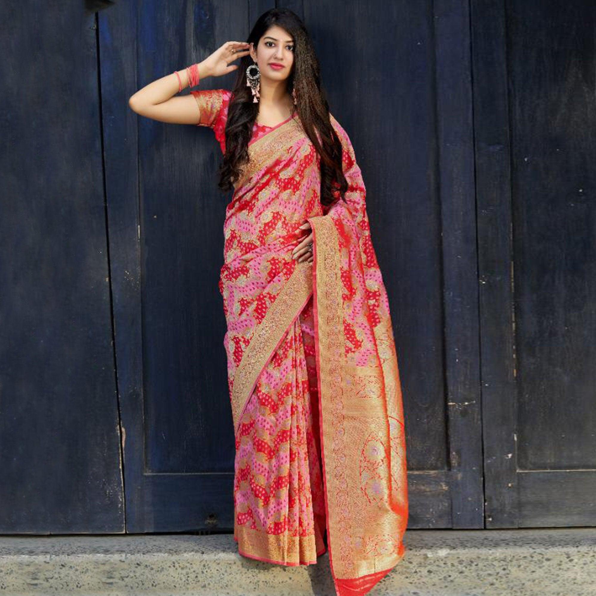 Breathtaking Pink-Red Colored Festive Wear Woven Banarasi Satin Silk Saree - Peachmode