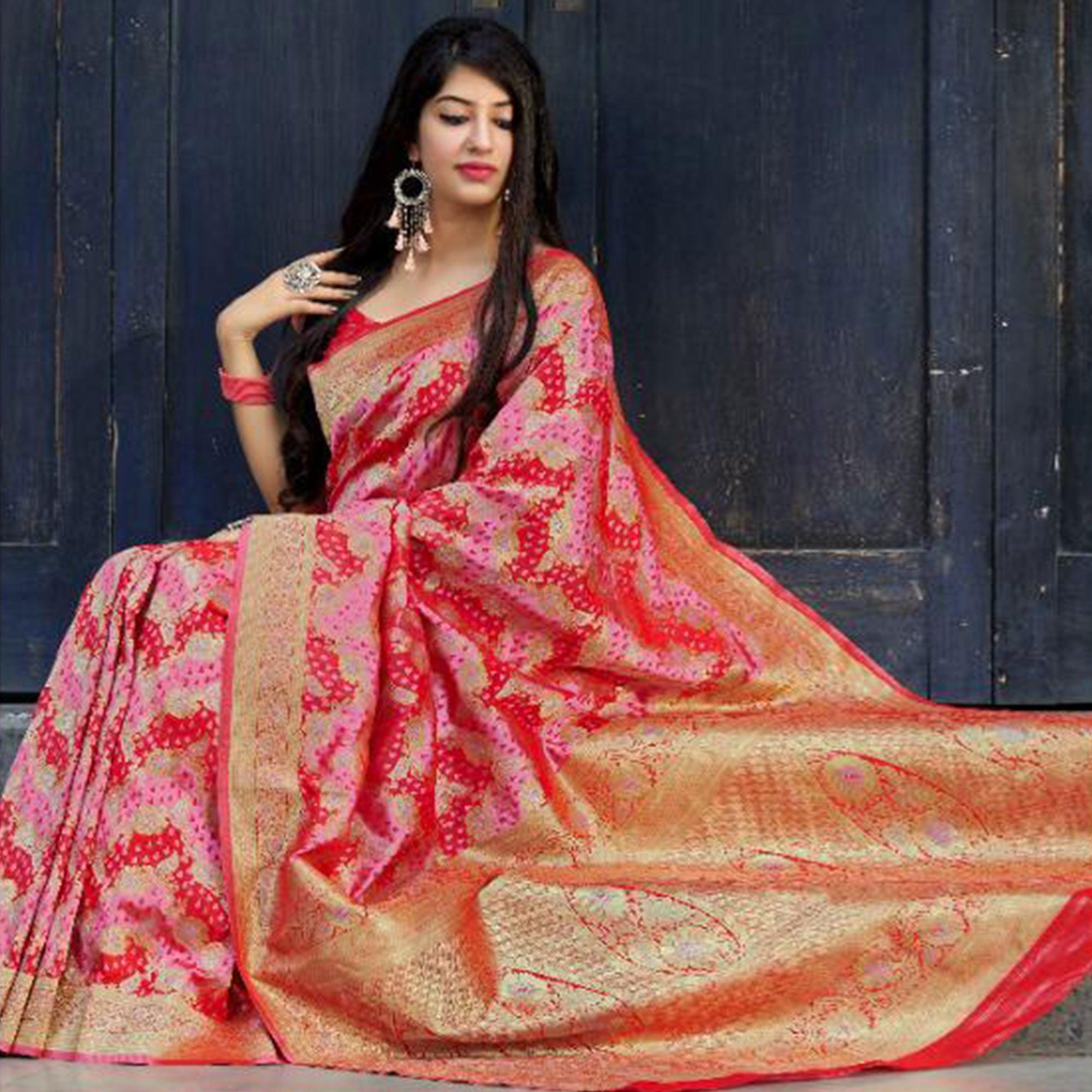 Breathtaking Pink-Red Colored Festive Wear Woven Banarasi Satin Silk Saree - Peachmode
