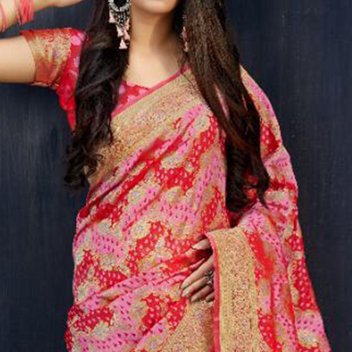 Breathtaking Pink-Red Colored Festive Wear Woven Banarasi Satin Silk Saree - Peachmode