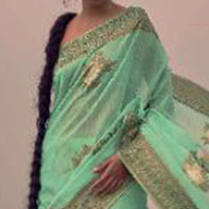 Breathtaking Pista Green Colored Festive Wear Woven Pure Linen Silk Saree - Peachmode