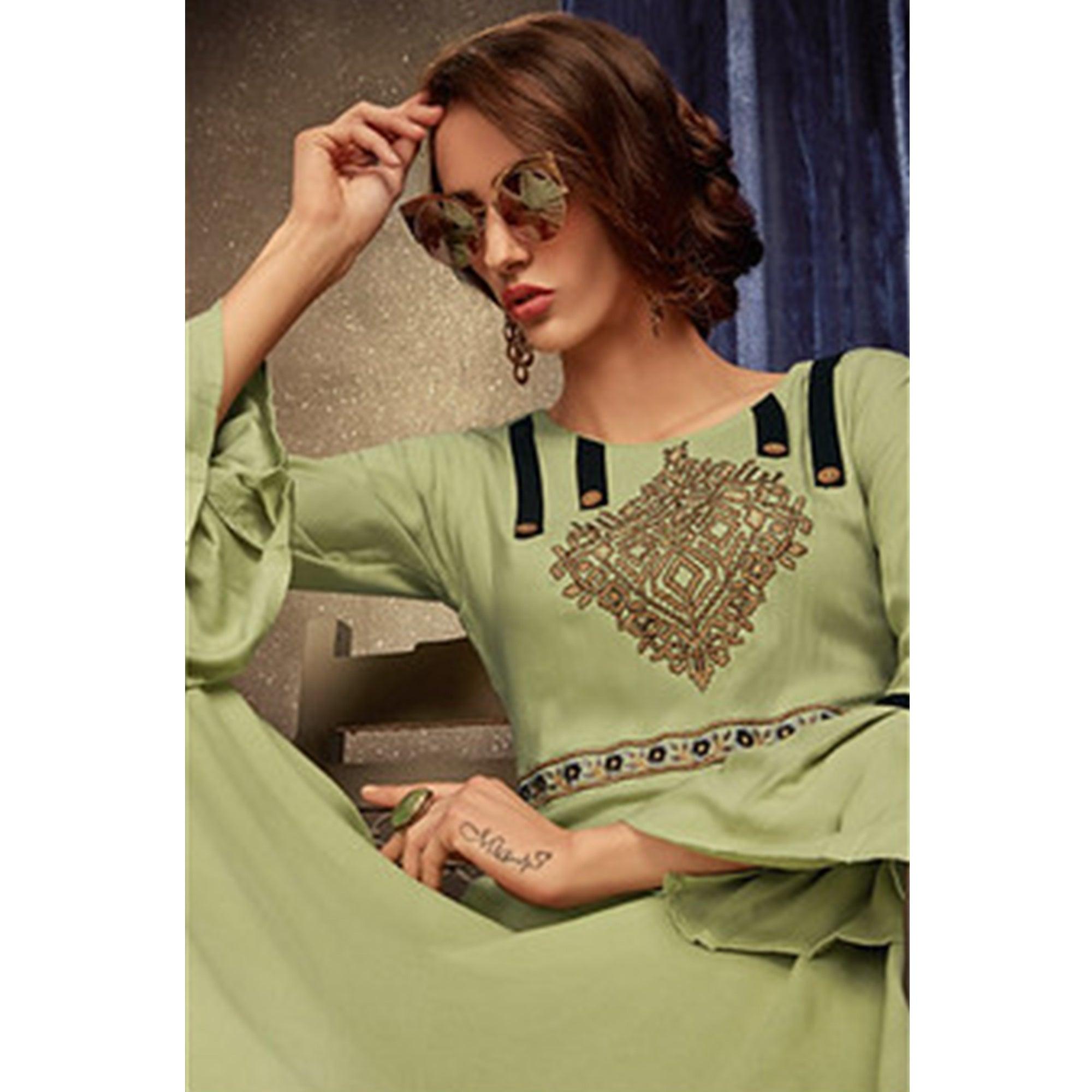 Breathtaking Pista Green Colored Partywear Embroidered Rayon Long Kurti - Peachmode