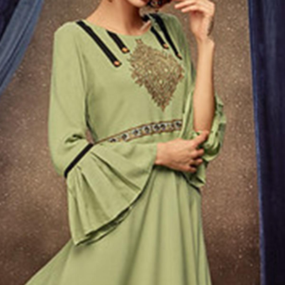 Breathtaking Pista Green Colored Partywear Embroidered Rayon Long Kurti - Peachmode