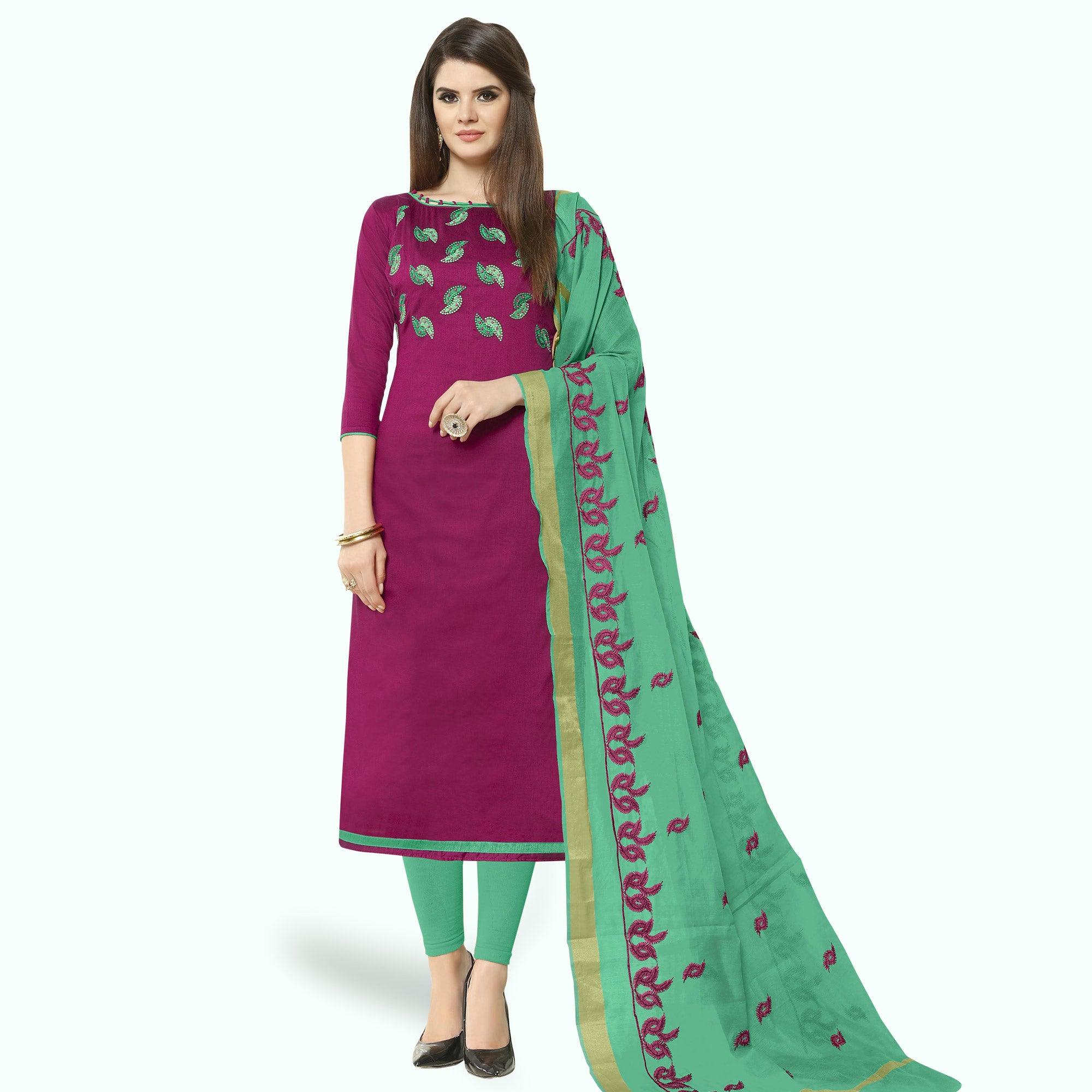 Breathtaking Purple Colored Casual Wear Embroidered Cotton Dress Material - Peachmode