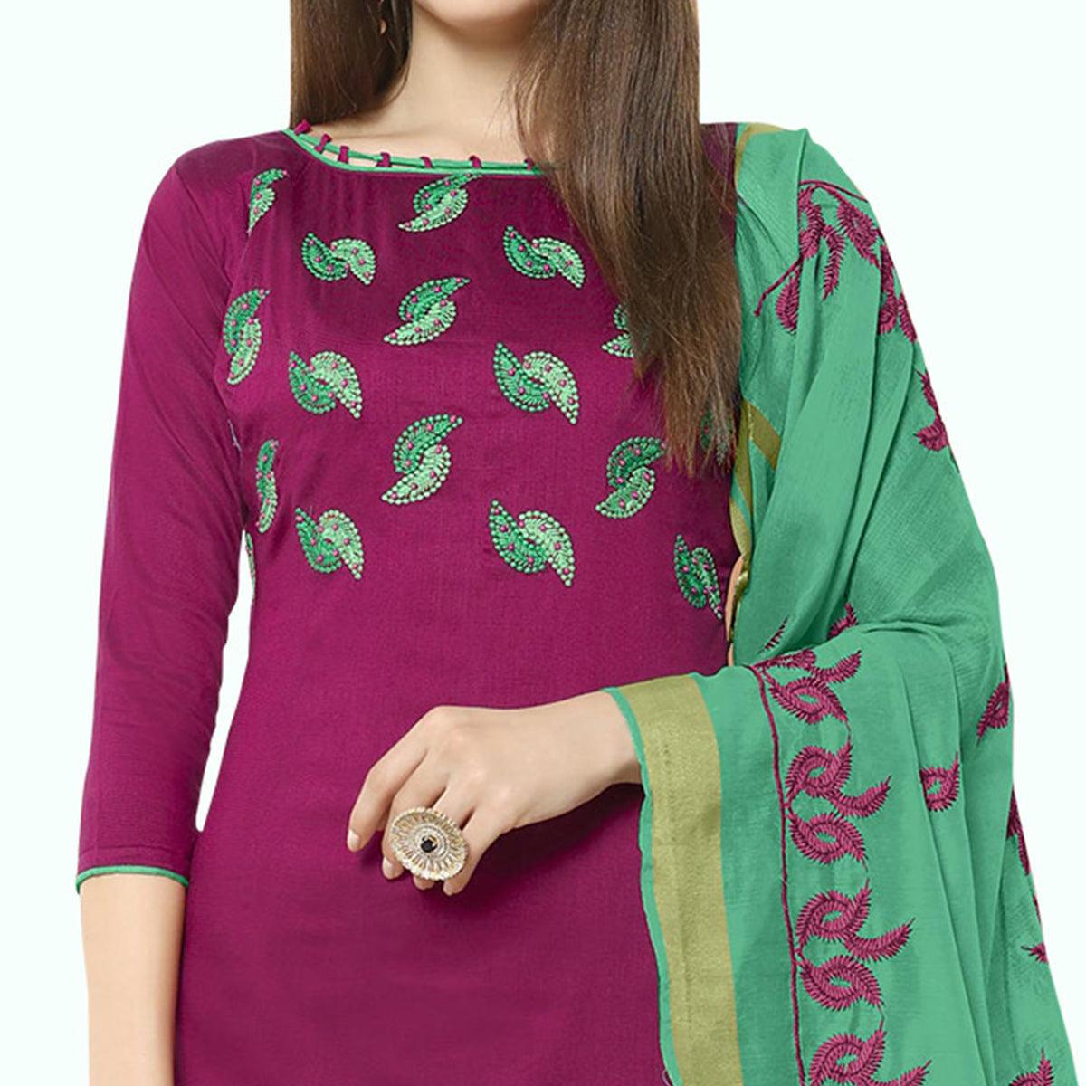 Breathtaking Purple Colored Casual Wear Embroidered Cotton Dress Material - Peachmode