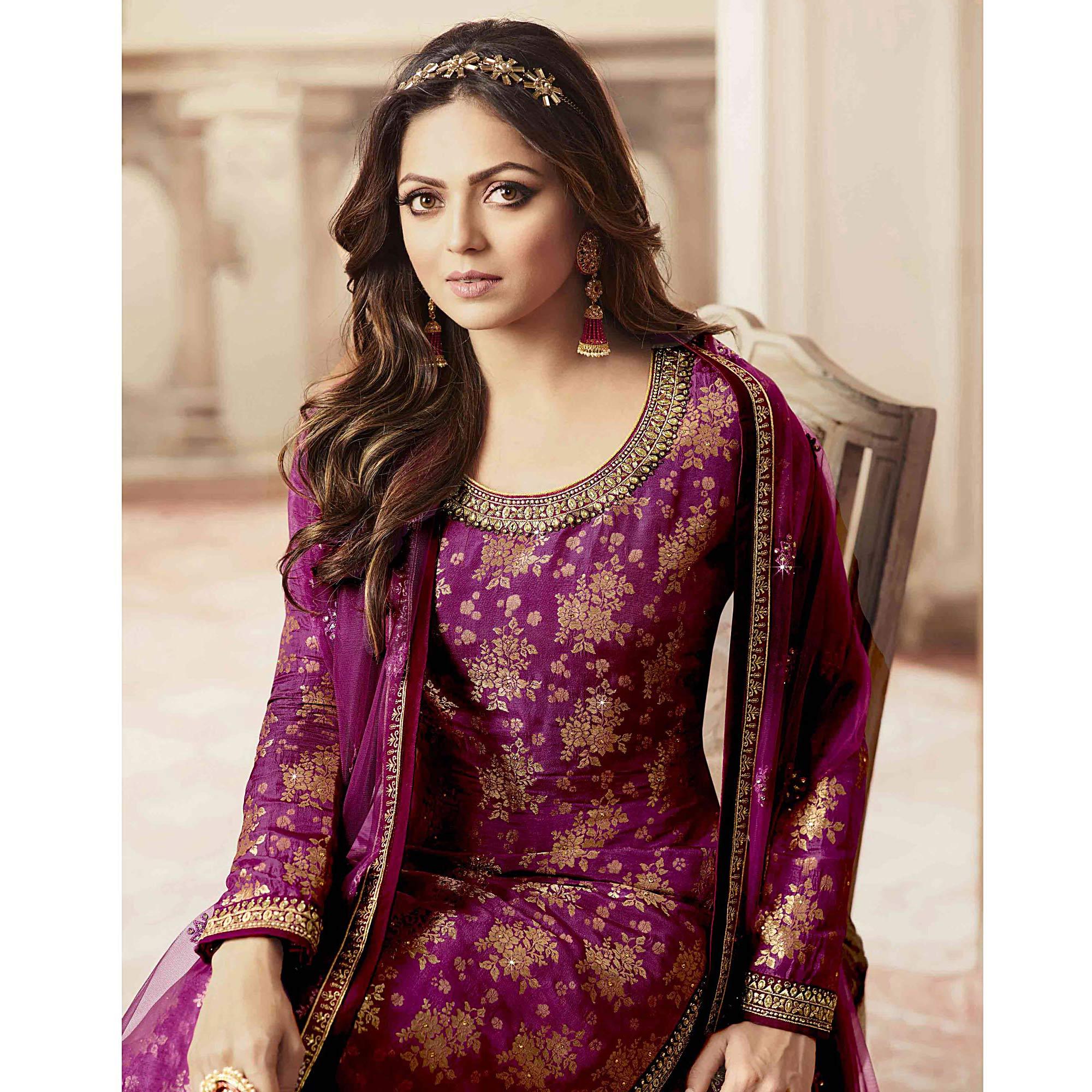 Breathtaking Purple Colored designer Partywear Embroidered Dola Jacquard Palazzo Suit - Peachmode