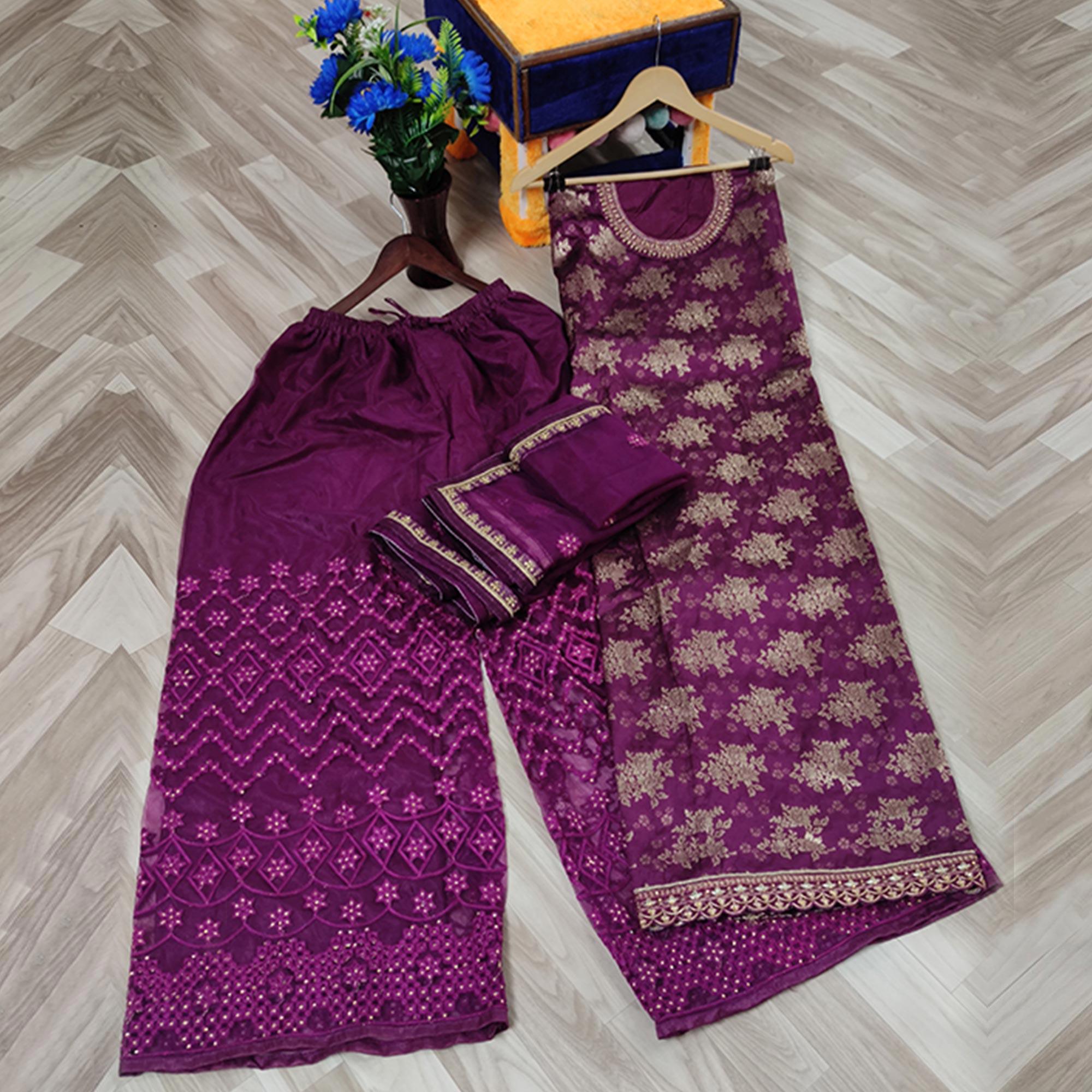 Breathtaking Purple Colored designer Partywear Embroidered Dola Jacquard Palazzo Suit - Peachmode