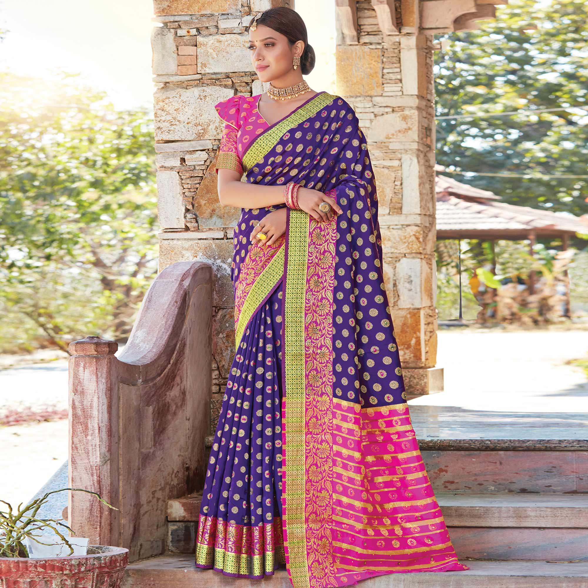 Breathtaking Purple Colored Festive Wear Woven Handloom Silk Sareee - Peachmode