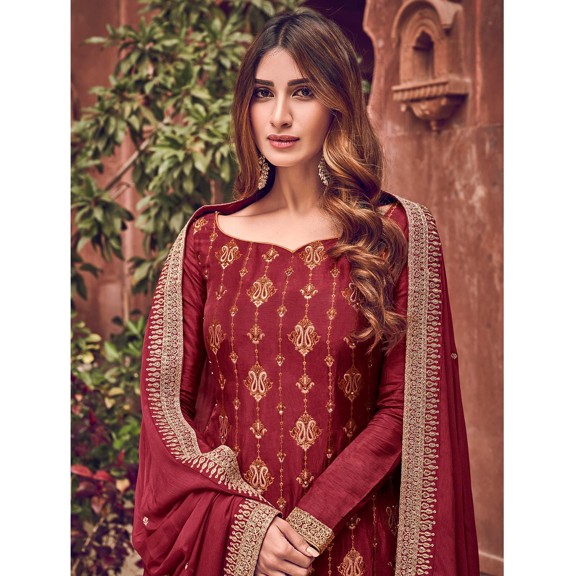Breathtaking Rani Colored Partywear Embroidered Pure Dola Jacquard Palazzo Suit - Peachmode