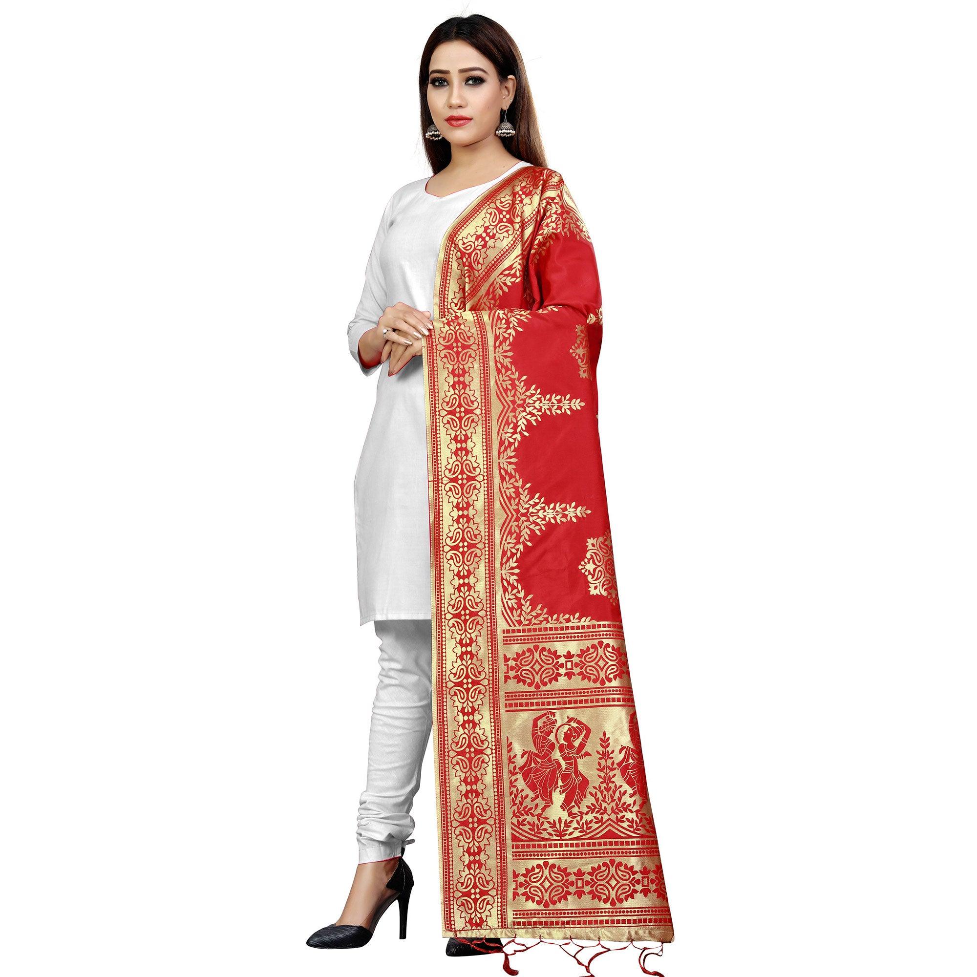 Breathtaking Red Colored Festive Wear Banarasi Silk Dupatta - Peachmode