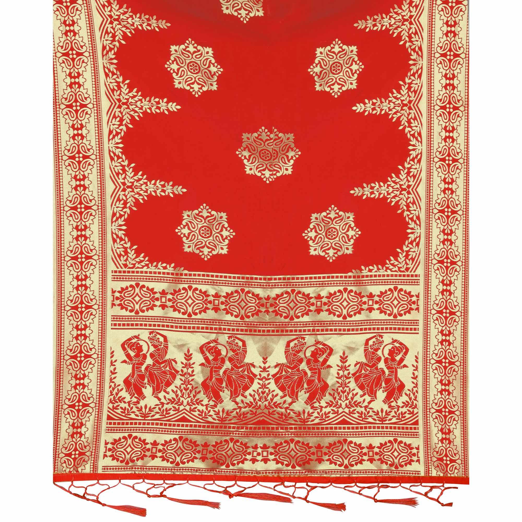 Breathtaking Red Colored Festive Wear Banarasi Silk Dupatta - Peachmode
