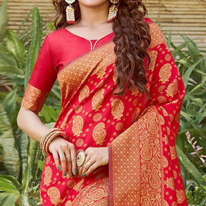 Breathtaking Red Colored Festive Wear Paisely Woven Silk Blend Saree With Tassels - Peachmode