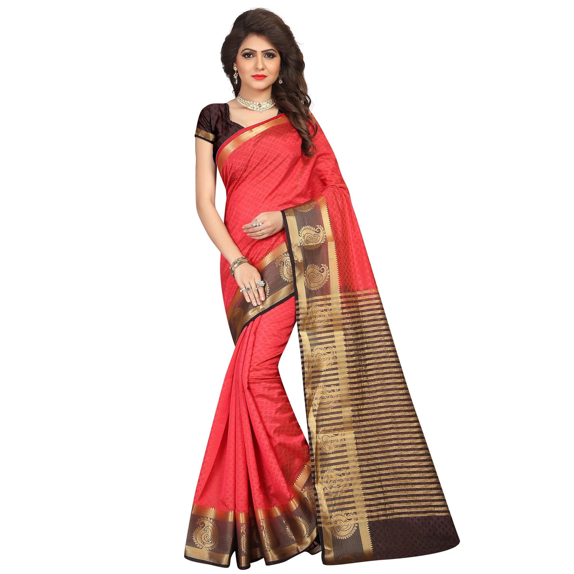 Breathtaking Red Colored Festive Wear Woven Cotton Silk Saree - Peachmode