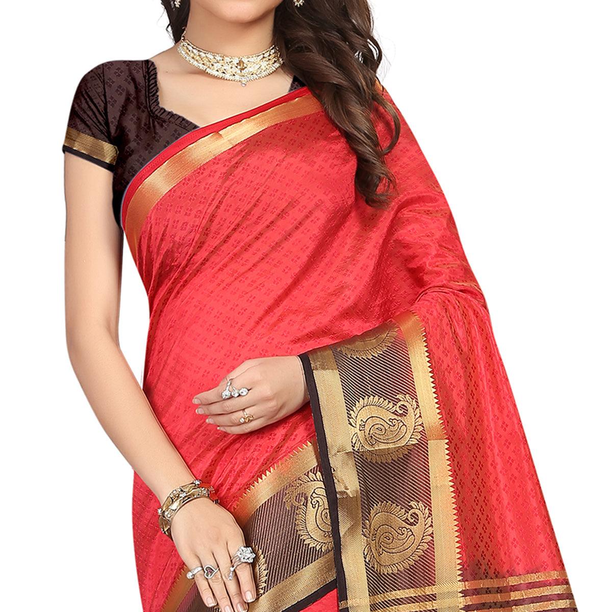 Breathtaking Red Colored Festive Wear Woven Cotton Silk Saree - Peachmode