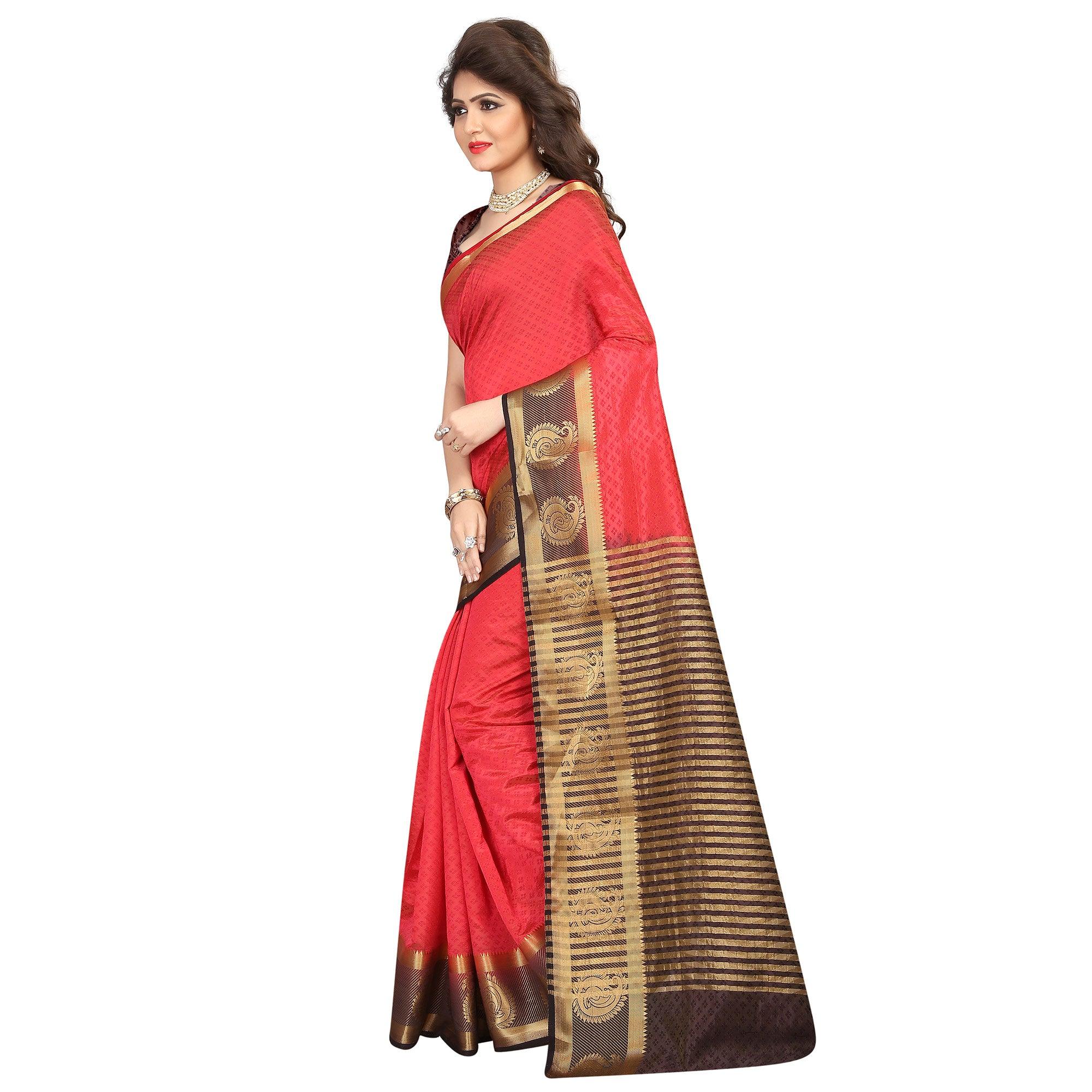 Breathtaking Red Colored Festive Wear Woven Cotton Silk Saree - Peachmode