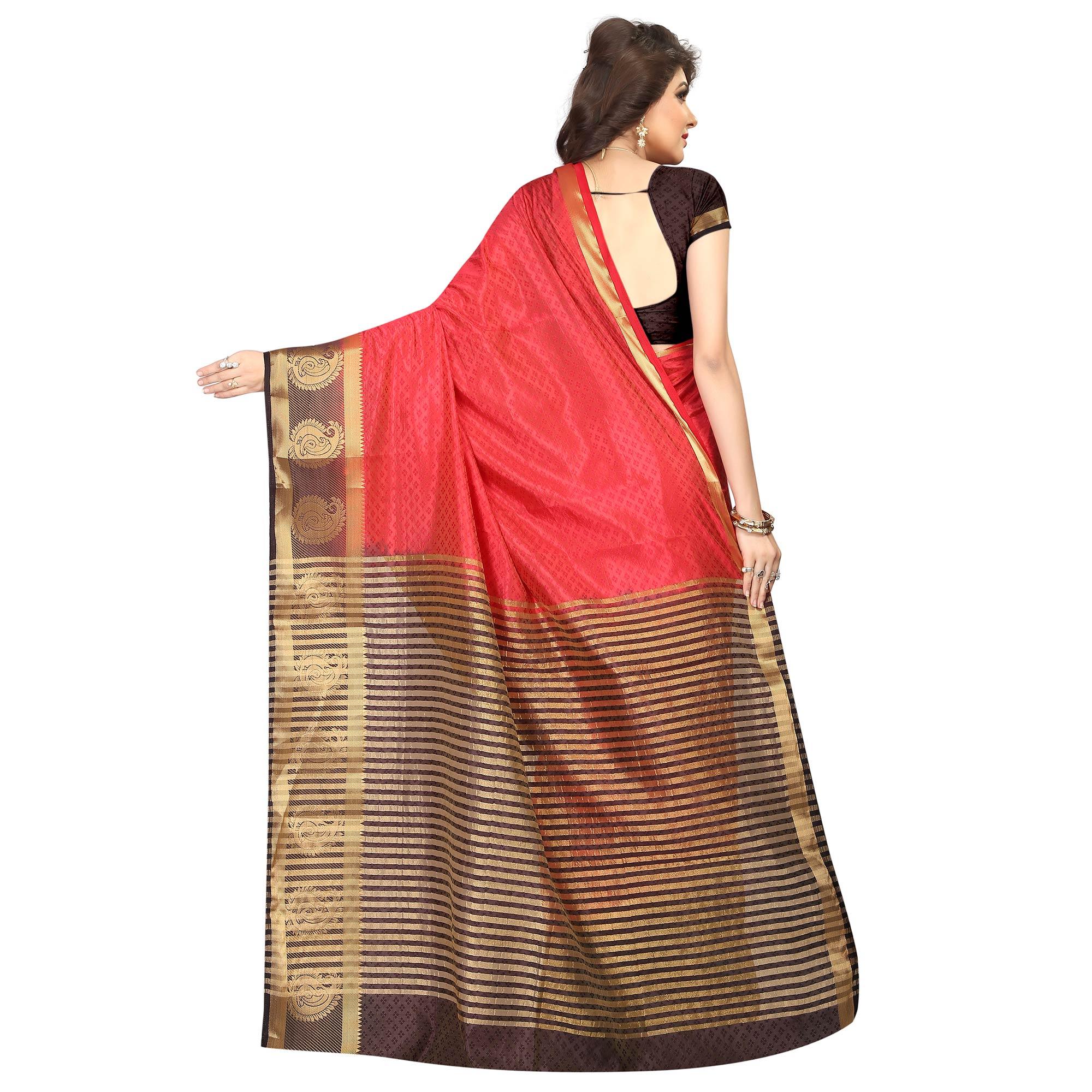 Breathtaking Red Colored Festive Wear Woven Cotton Silk Saree - Peachmode