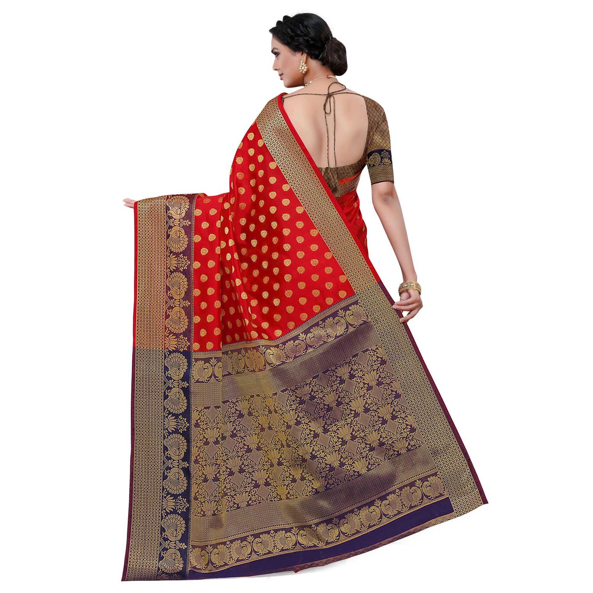 Breathtaking Red Colored Festive Wear Woven Kota Art Silk Banarasi Saree - Peachmode
