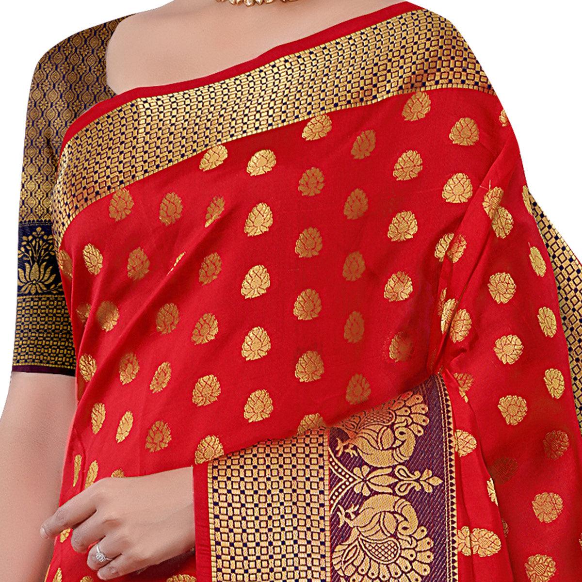 Breathtaking Red Colored Festive Wear Woven Kota Art Silk Banarasi Saree - Peachmode