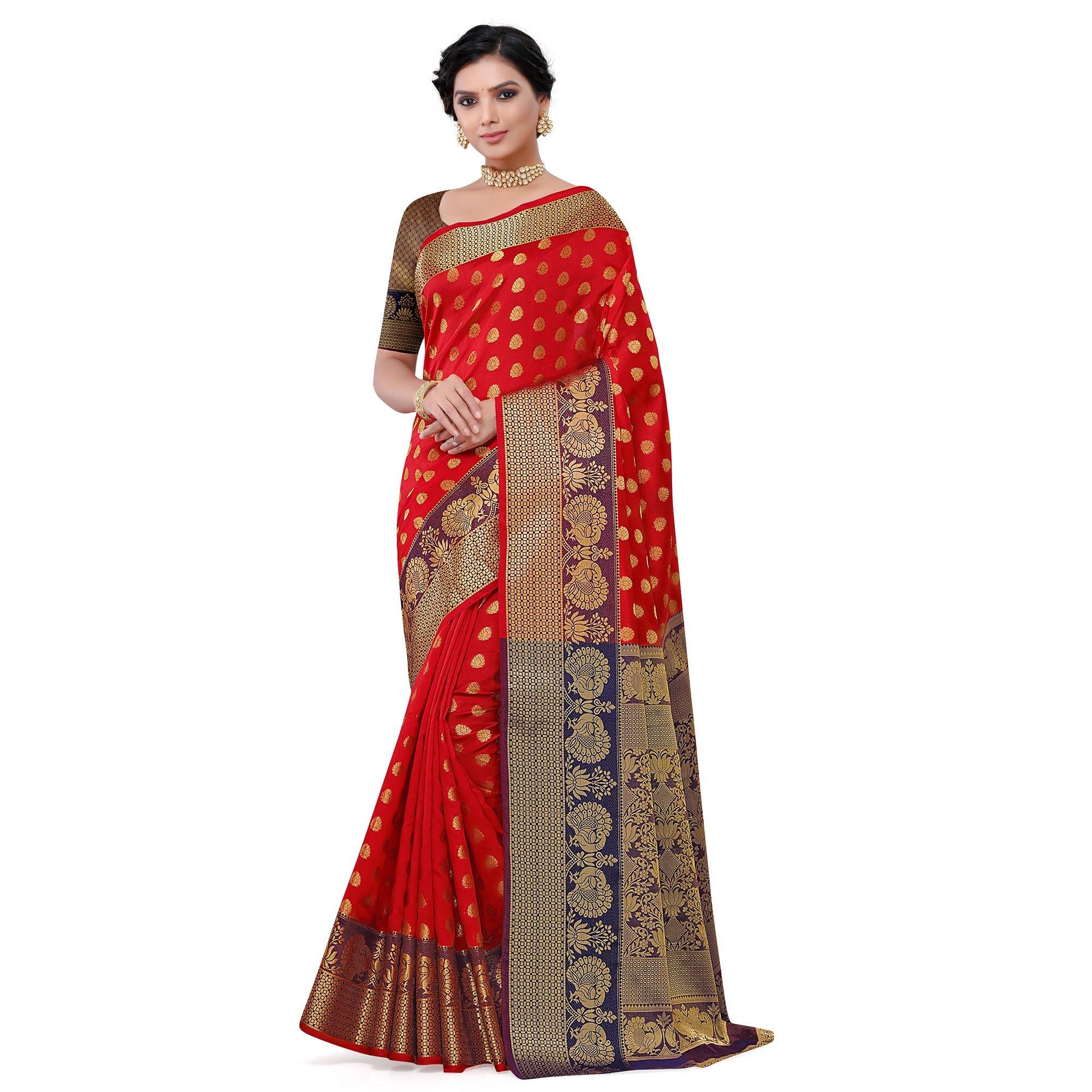 Breathtaking Red Colored Festive Wear Woven Kota Art Silk Banarasi Saree - Peachmode