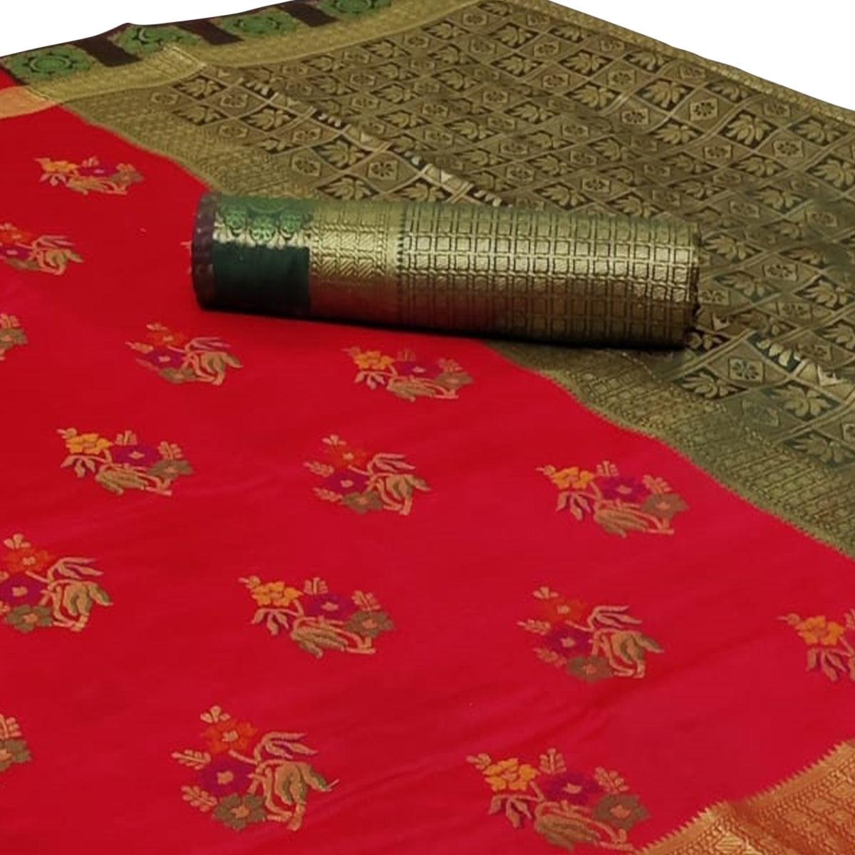 Breathtaking Red Colored Festive Wear Woven Silk Saree - Peachmode