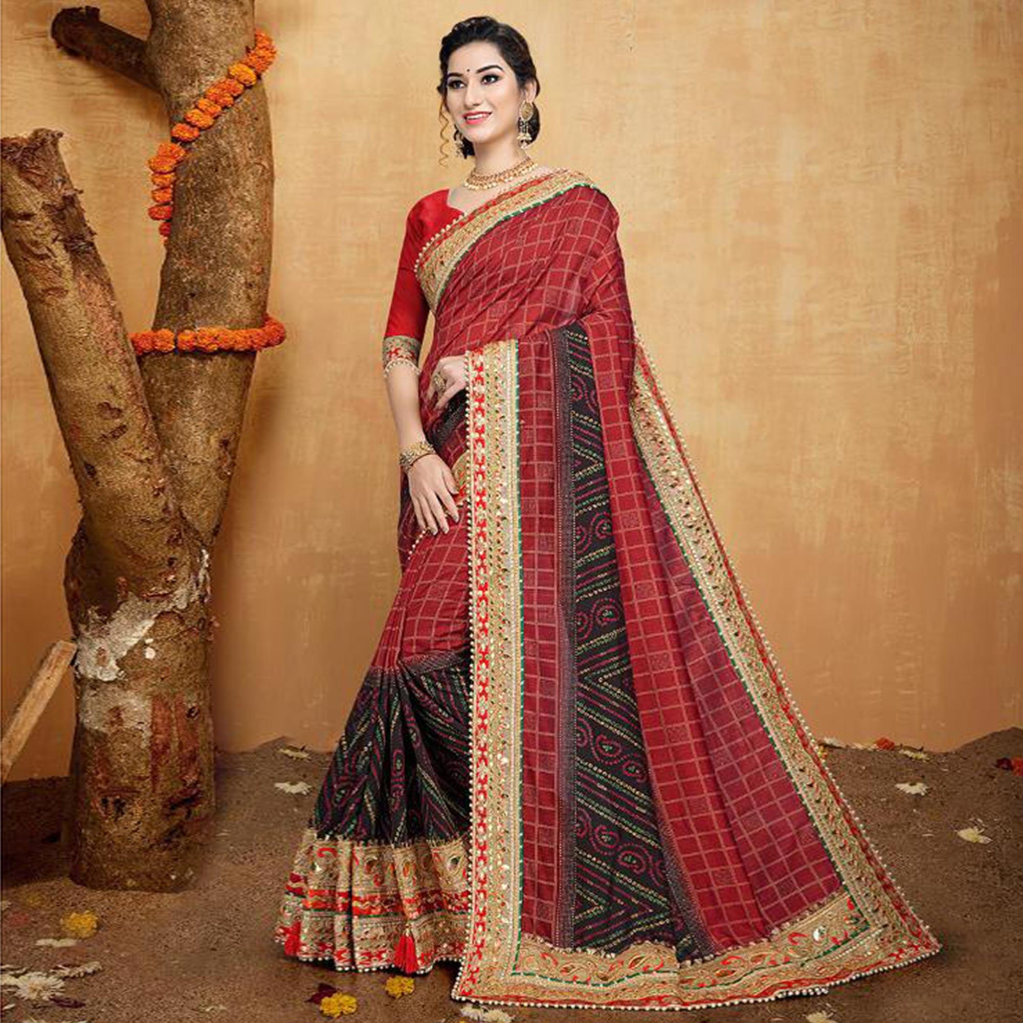 Breathtaking Red Colored Festive Wear Zari Work Vichitra Silk Saree - Peachmode