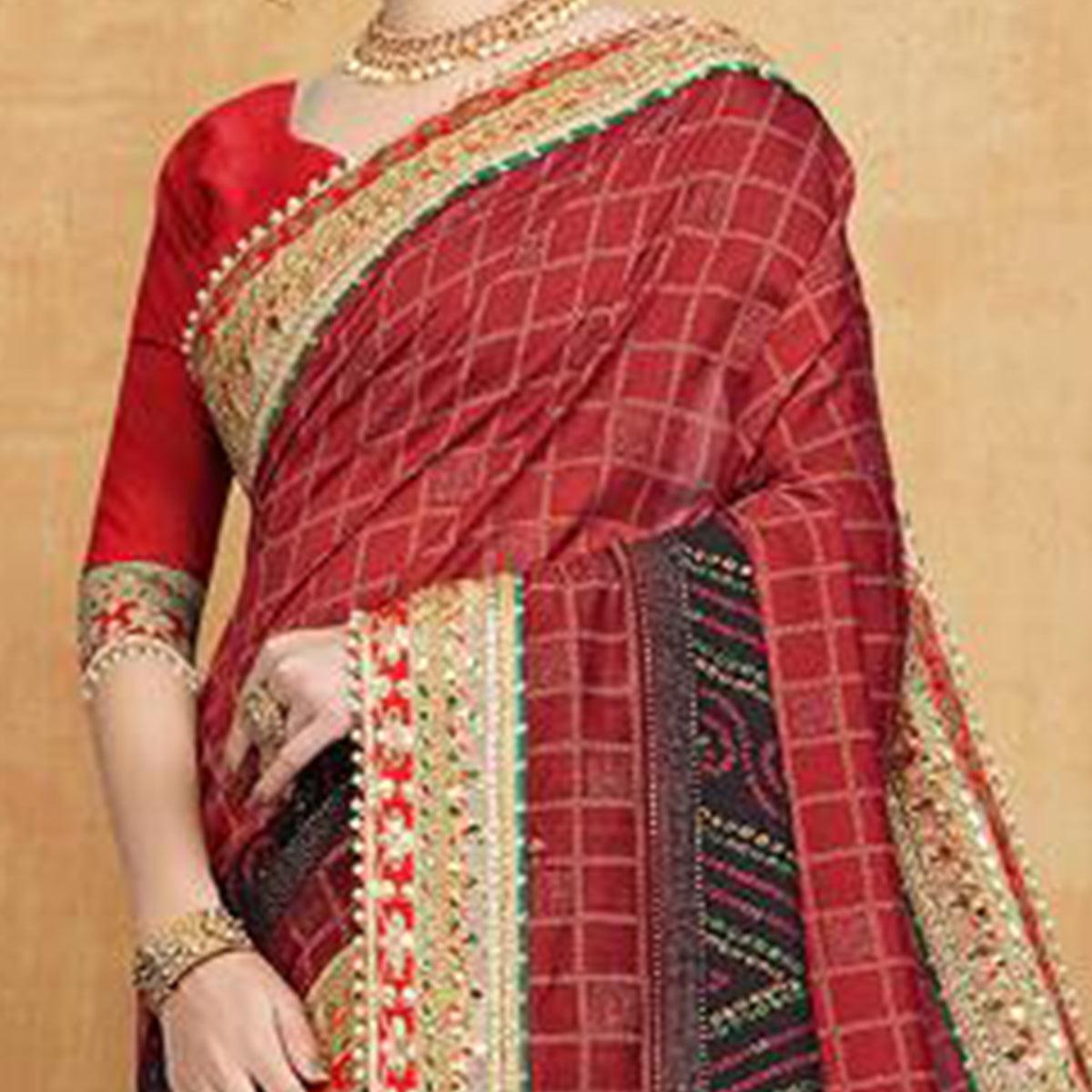 Breathtaking Red Colored Festive Wear Zari Work Vichitra Silk Saree - Peachmode