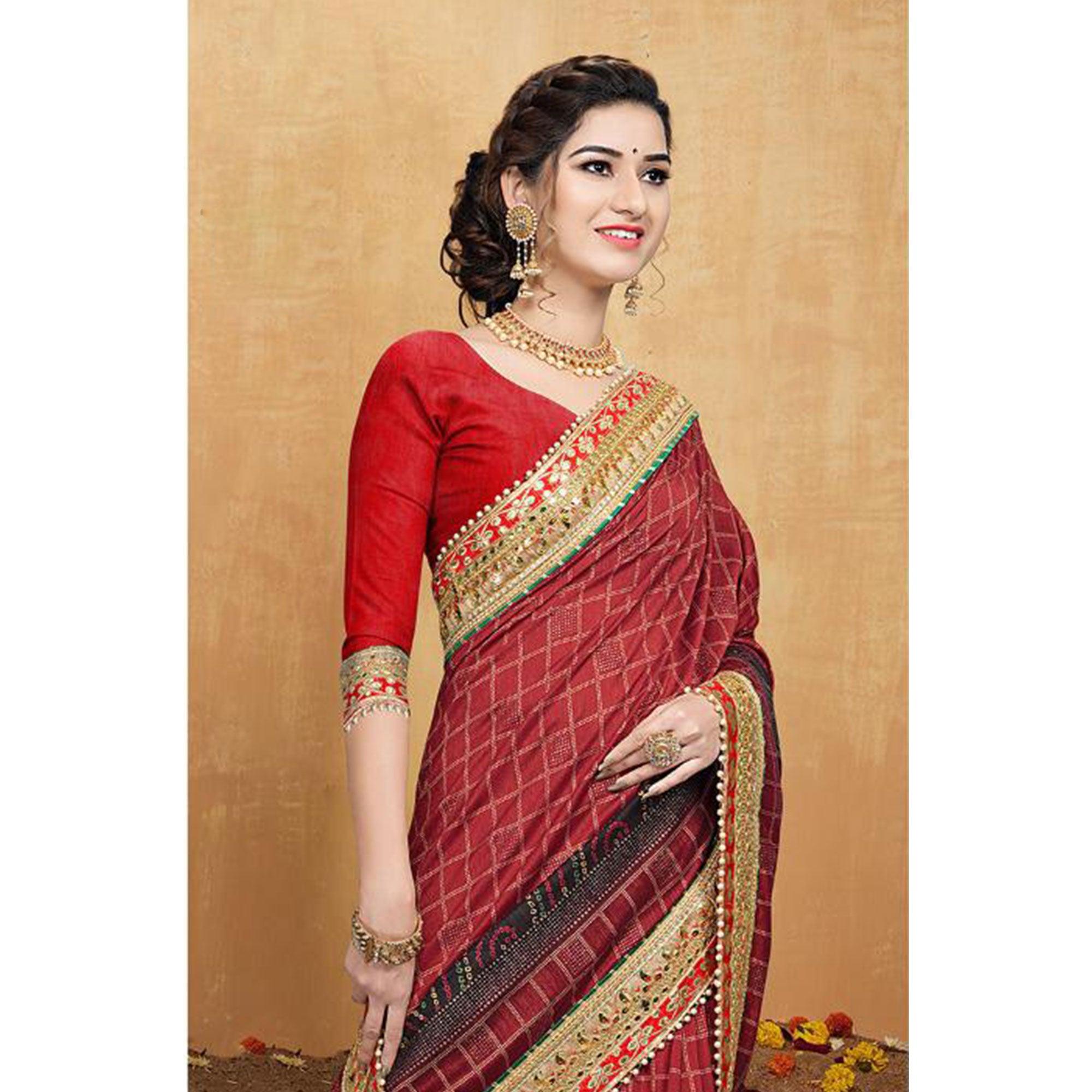 Breathtaking Red Colored Festive Wear Zari Work Vichitra Silk Saree - Peachmode
