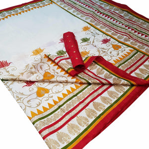 Breathtaking White Colored Festive Wear Foil Printed Silk Saree - Peachmode