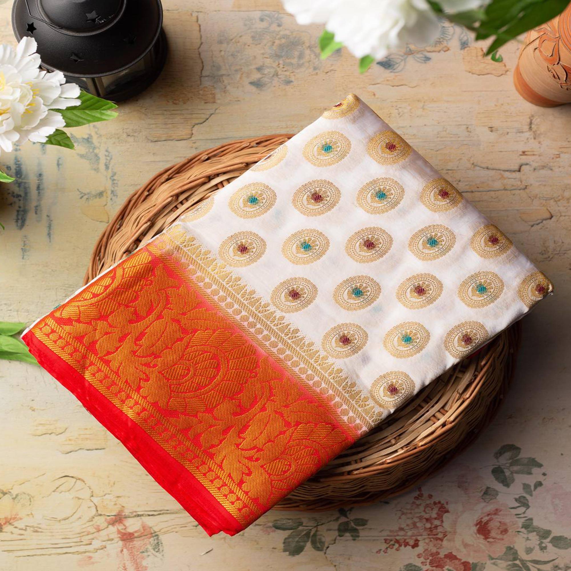 Breathtaking White Colored Festive Wear Woven Art Silk Saree - Peachmode