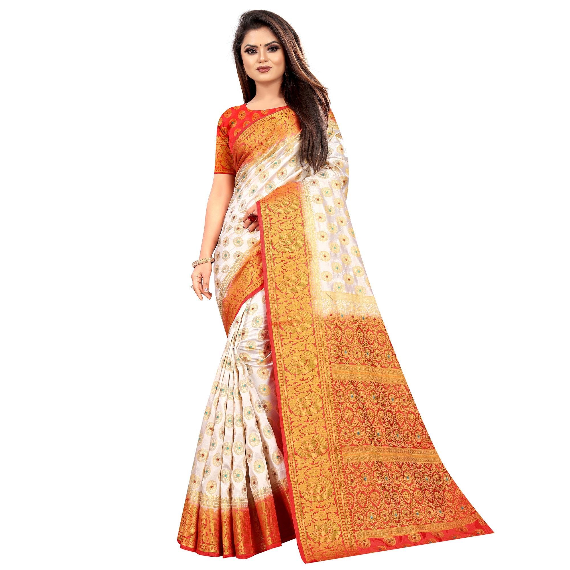 Breathtaking White Colored Festive Wear Woven Art Silk Saree - Peachmode