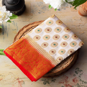 Breathtaking White Colored Festive Wear Woven Art Silk Saree - Peachmode