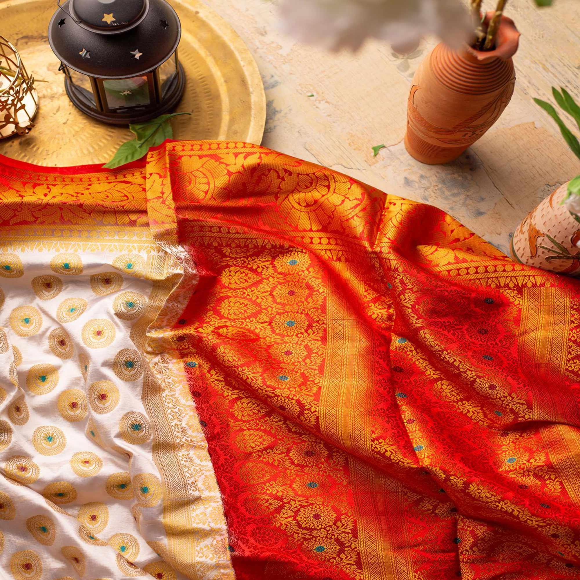 Breathtaking White Colored Festive Wear Woven Art Silk Saree - Peachmode