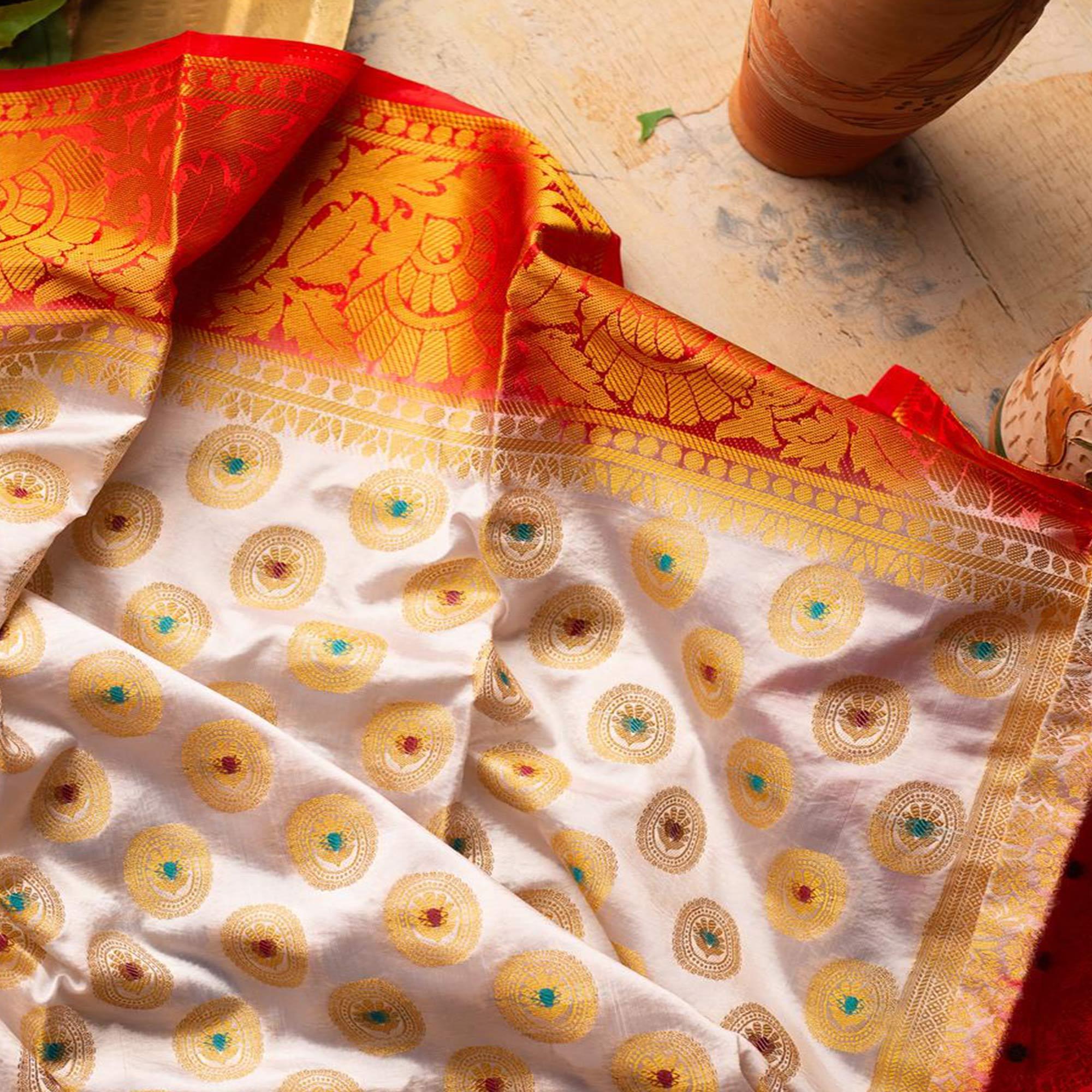 Breathtaking White Colored Festive Wear Woven Art Silk Saree - Peachmode