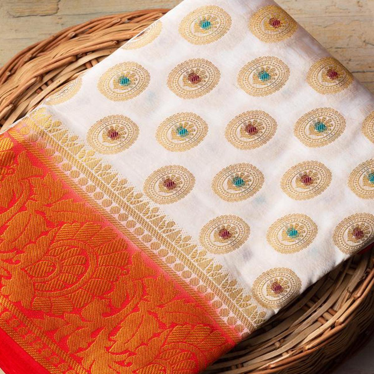 Breathtaking White Colored Festive Wear Woven Art Silk Saree - Peachmode