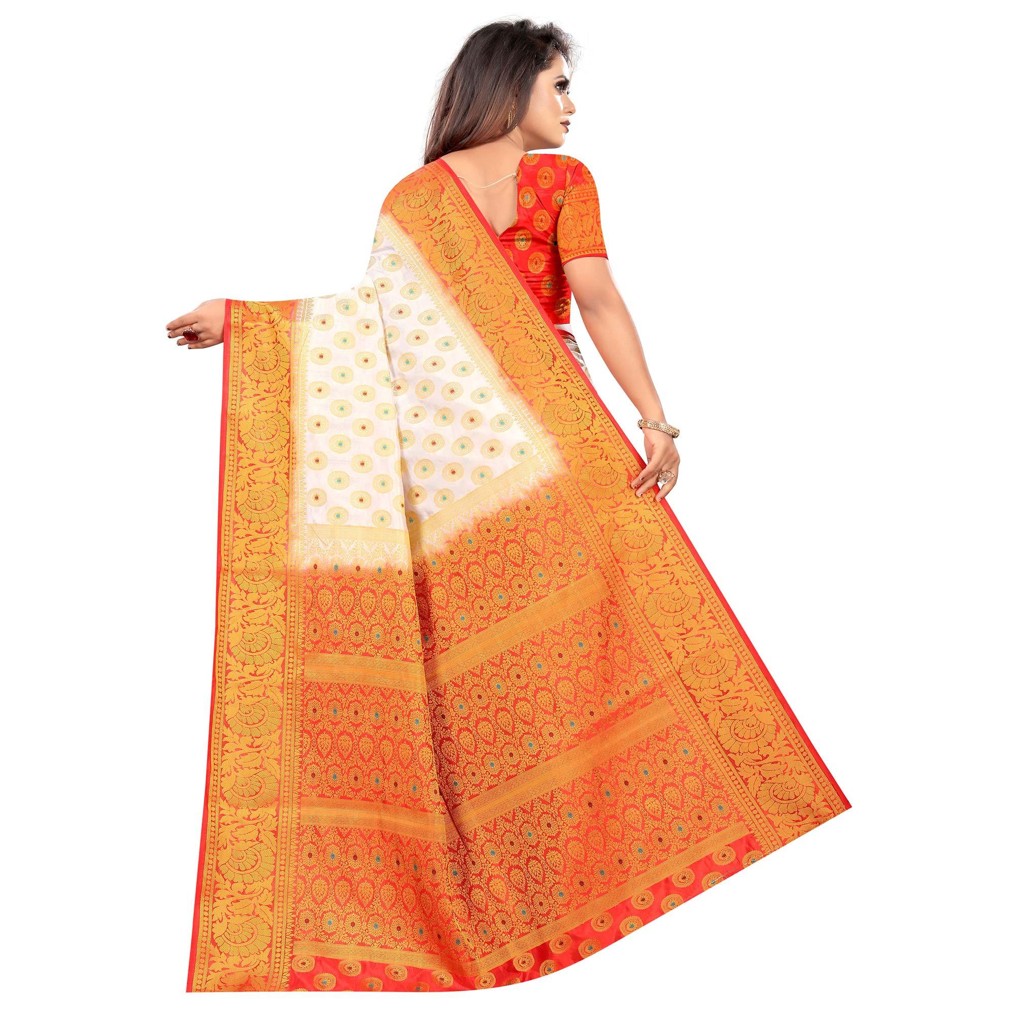 Breathtaking White Colored Festive Wear Woven Art Silk Saree - Peachmode